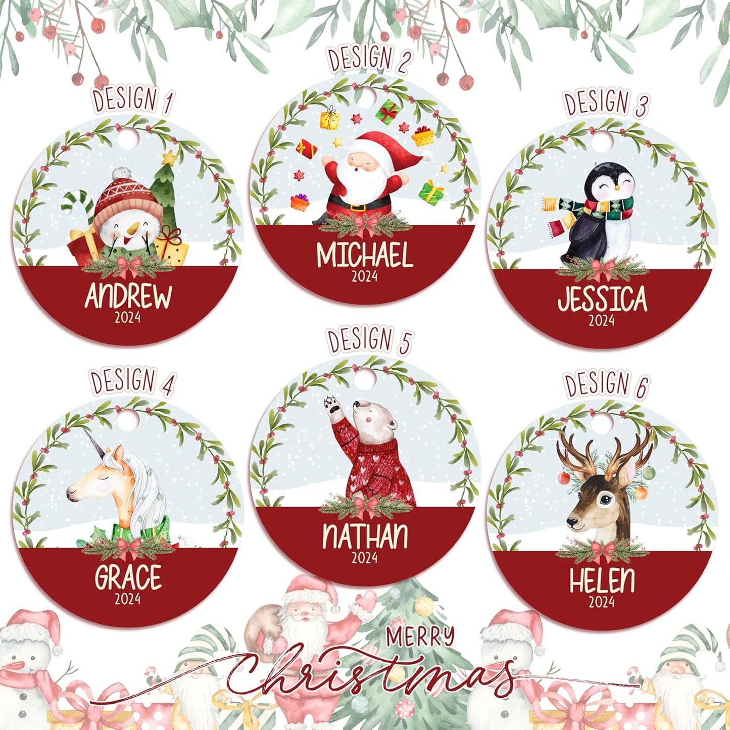 Personalized 2025 Christmas Ornaments for Kids, w/Optional Themes, Name & Date - Customized Christmas Hanging Ornament Gifts for Kids, Custom 3" Ceramic or Aluminum Round Xmas Ornament