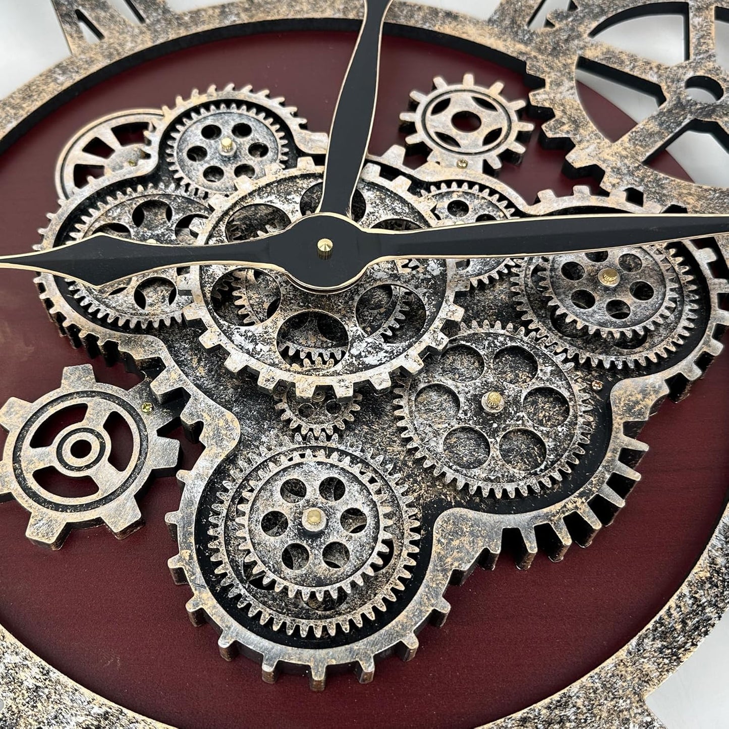 The B-Style Large Real Moving Gears Wall Clock 30 inch Rustic Retro Industrial Farmhouse Wood Clock Oversized Decorative Vintage Wall Clocks for Living Room (Black walunt Wood and Bronze)