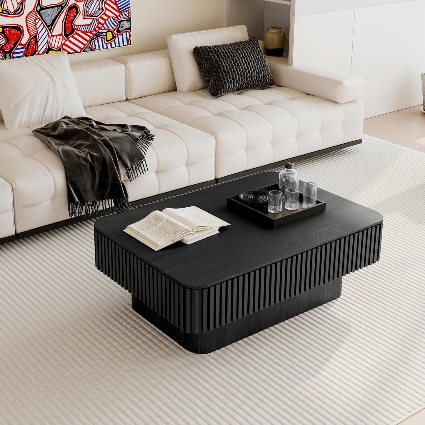 Lift Top Coffee Table with Storage, Solid Wood Coffee Table with Adjustable Height, Fluted Center Table Accent Tea Table for Living Room, Apartment, Office (38.6" Black)