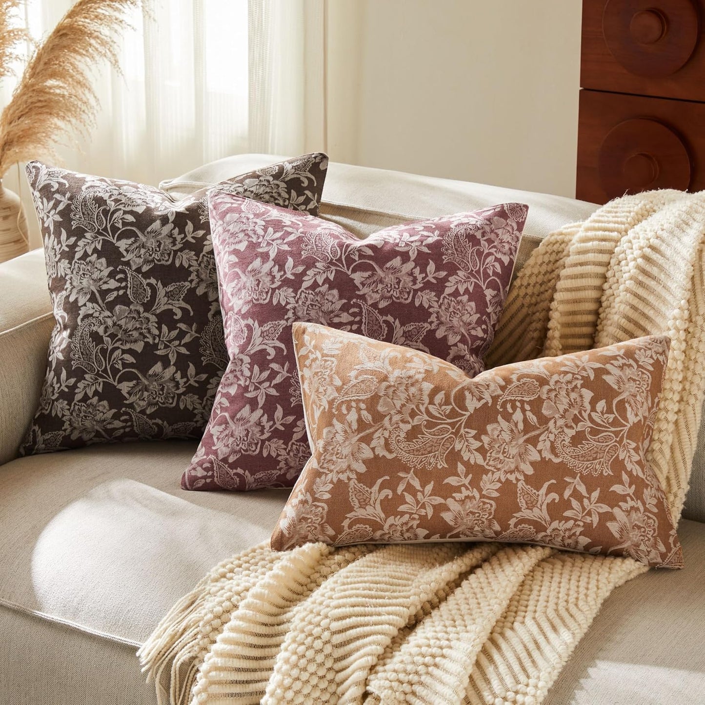 Floral Jacquard Lumbar Throw Pillow Covers Set of 2, Background/Burgundy 12x20 Inch, Farmhouse Decorative Cotton Burgundy Cushion Covers for Sofa Bed Living Room Home Decor