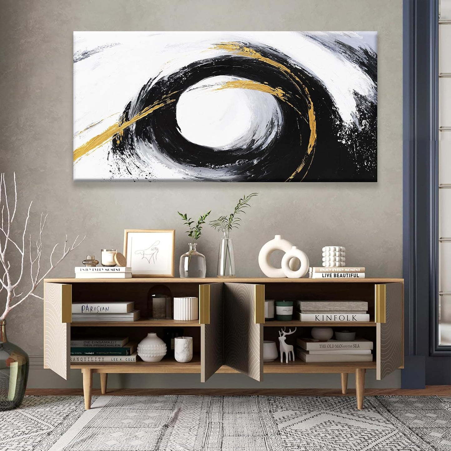 QSQ Black And Gold Wall Art Modern Abstract Wall Decor Canvas Prints Picture White Canvas Art Wall Decor Modern Abstract Wall Artwork Bedroom Living Room Office Home Decoration 24" X 48"