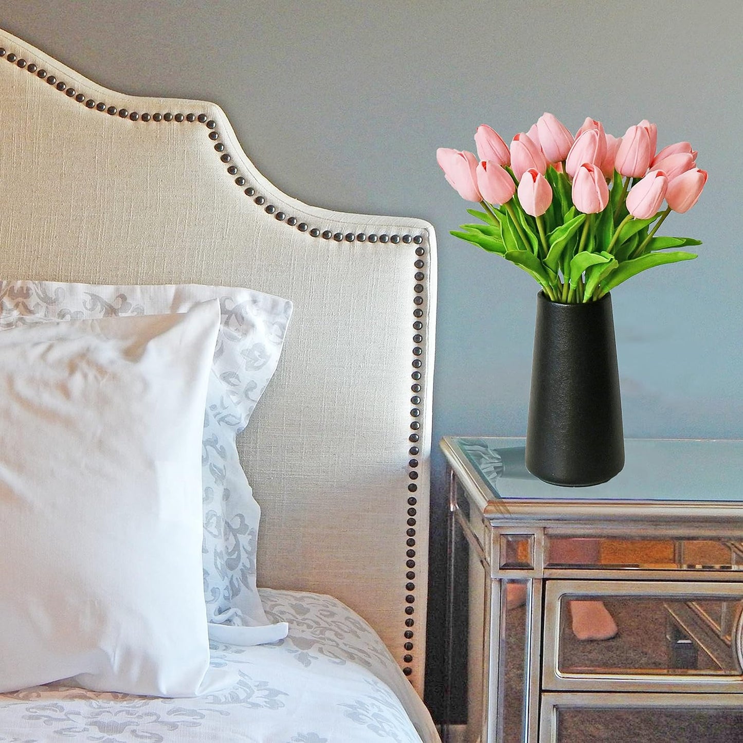 Mandy's Artificial Tulips 20 Stems Light Pink PU Faux Flowers for Wedding Home Decor 13.5 Inch