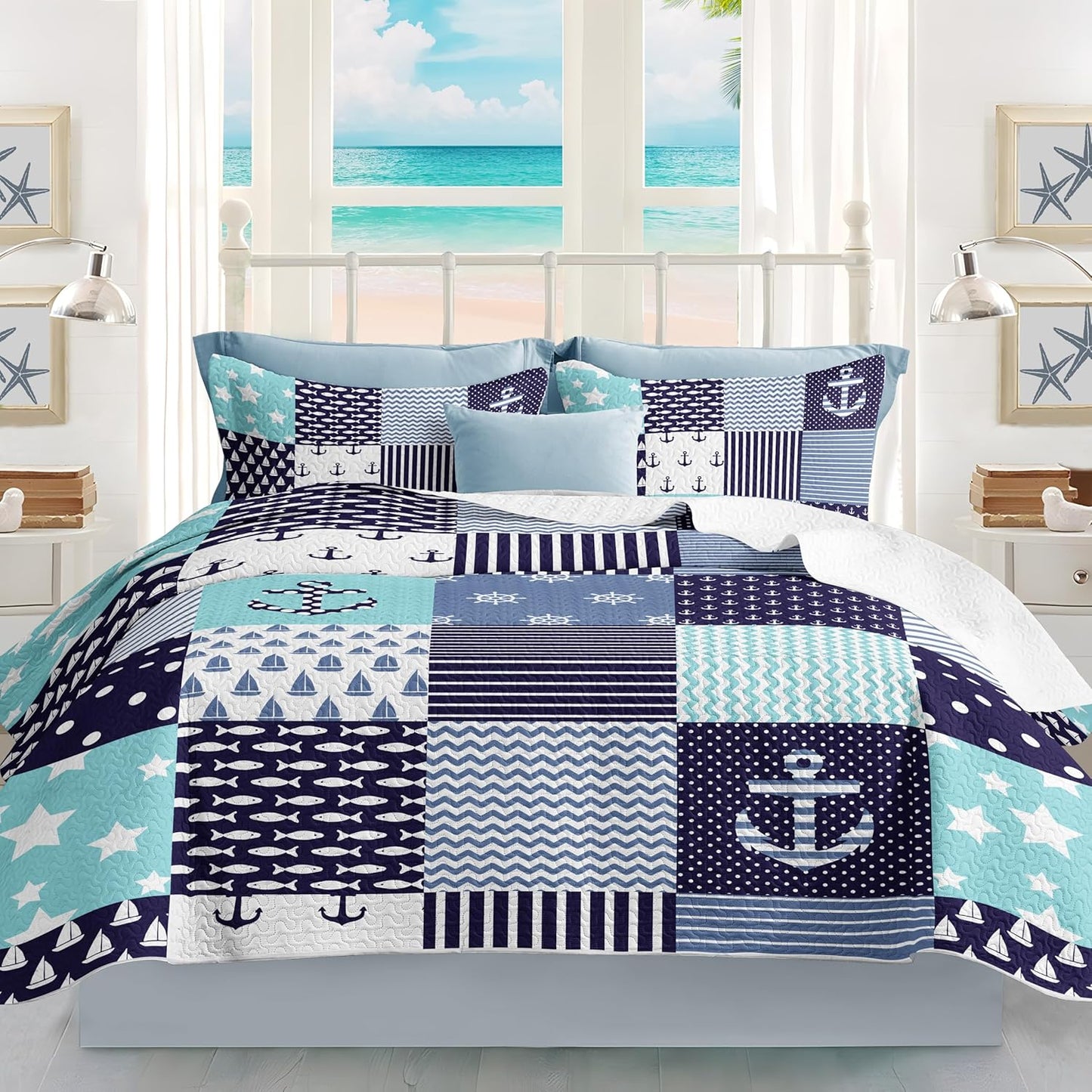 Nautical Bedding King Size Coastal Quilt with 2 Shams, Coastal Beach Comforter Sets Ocean Bedspreads Blue Seaturtle Coverlet Summer Bedding, 96''x106''