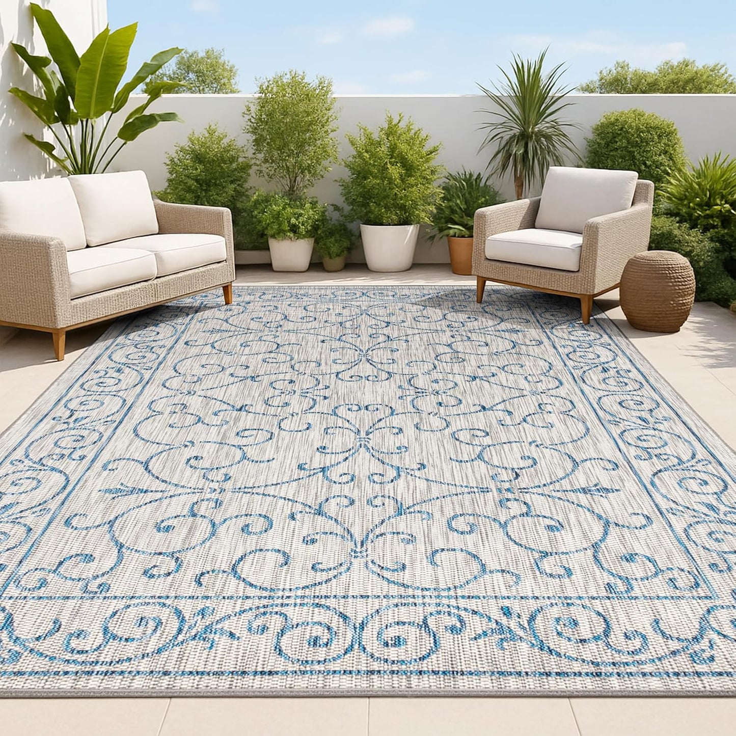 JONATHAN Y Vintage Filigree Indoor Outdoor Area Rug 9X12 Gray/Navy, Charleston Textured Weave for Backyard, Patio, Porch, Easy-Cleaning, High Traffic, Pet-Friendly, Non-Shedding (SMB106C-9)