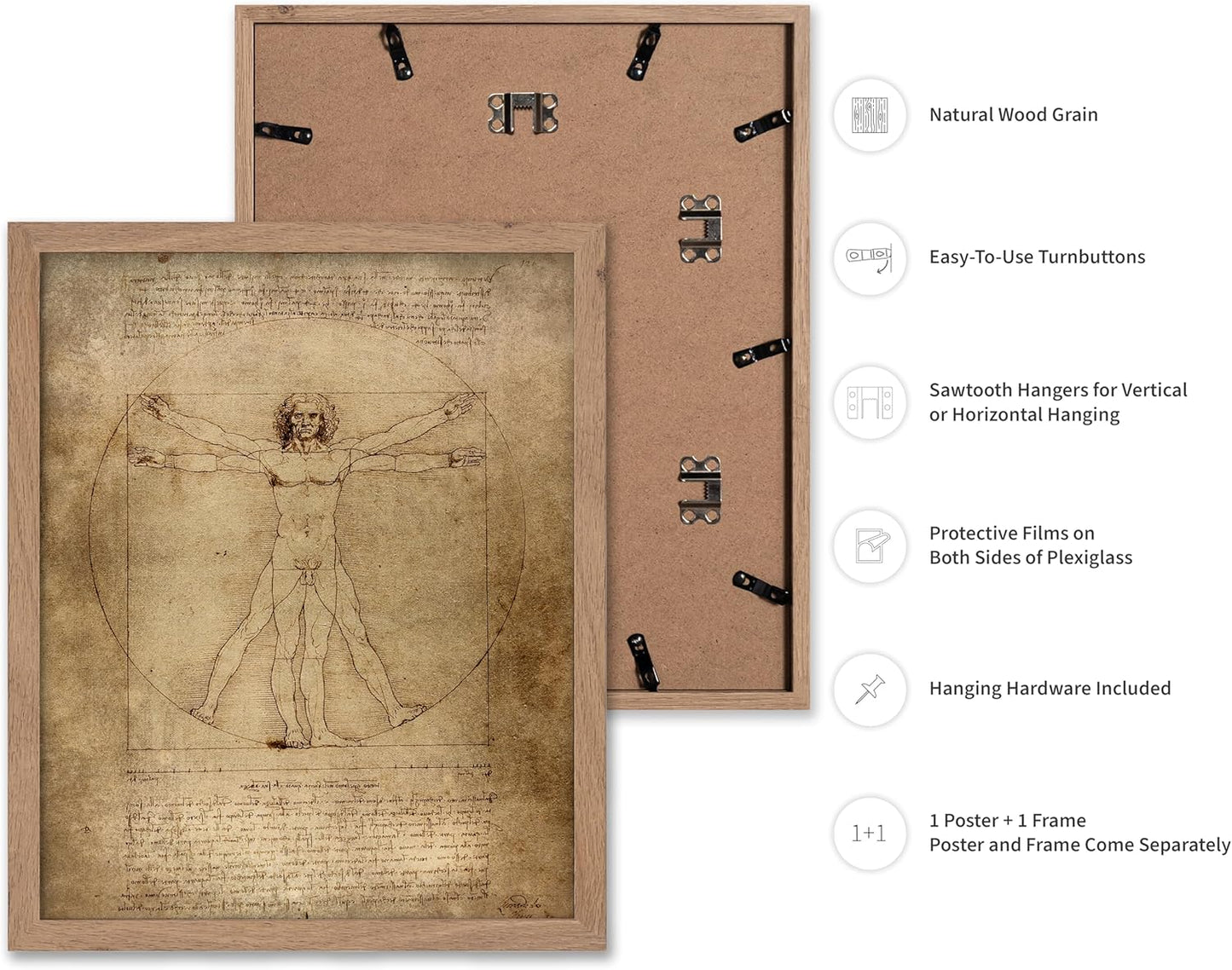Poster Master Classic Leonardo Da Vinci Poster - Vintage Renaissance Print - Gift for Artist, Friend - Vitruvian Man, Proportion, Symmetry, Human Body - Wall Decor for Office, 16x20 Beige Framed