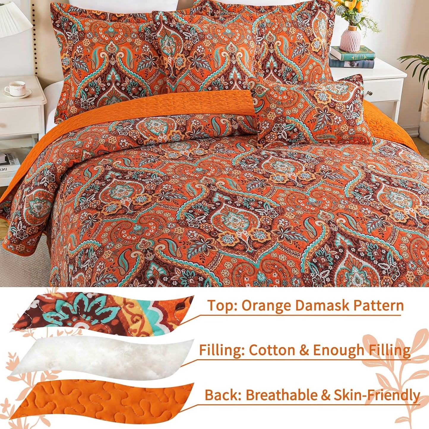 VAPUTAR Cotton Quilt King Size, King Size Quilt Bedding Set with Bohemian Damask Pattern-3Pieces Lightweight Reversible Soft Bedspread Coverlet (98 * 106 in) Suitable for All Season （Light Orange）