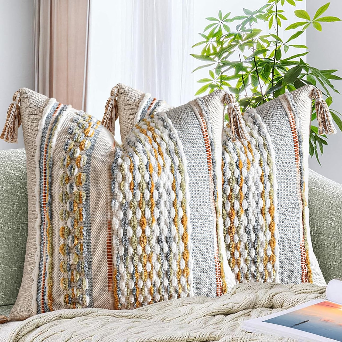 AmHoo Set of 2 Chenille Striped Textured Boho Throw Pillow Covers Aesthetic with Tassels Woven Decorative Pillow Case for Couch Bed Sofa Bedroom Modern Funky 18 x 18-Inch Grey