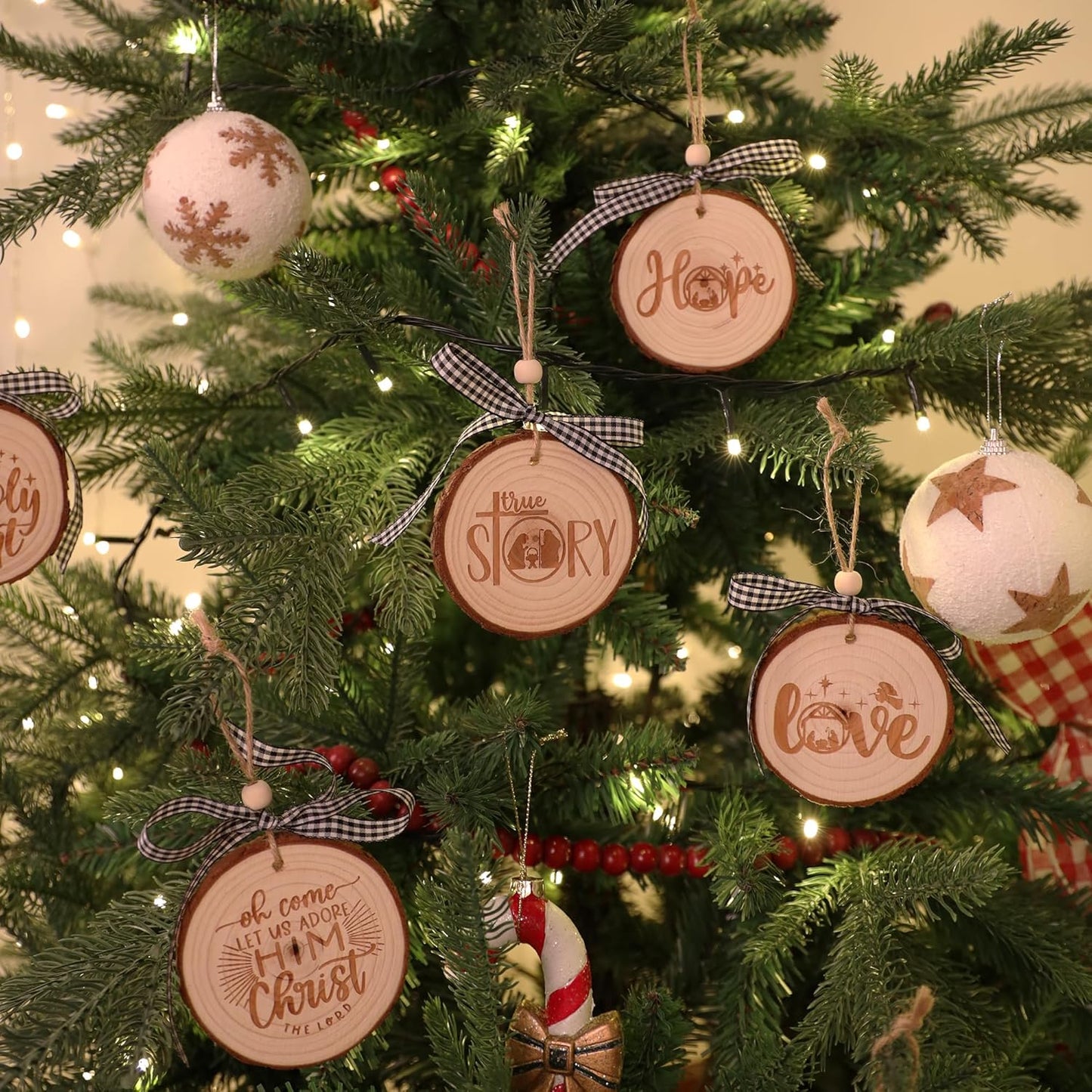 Nativity Christmas Ornaments - Set of 9 Buffalo Plaid Christmas Tree Ornaments Christian Wooden Ornament for Rustic Farmhouse Decorations Holiday Decor Religious Gift