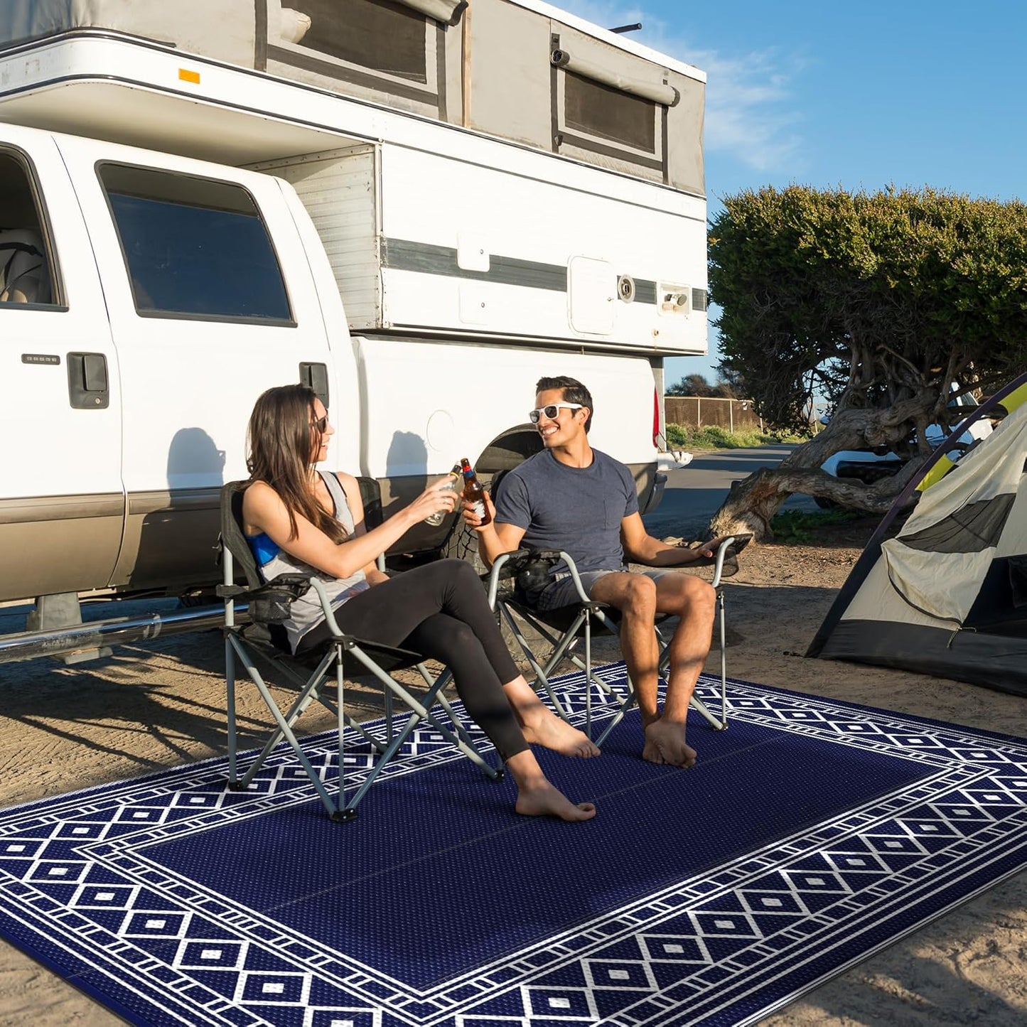 GENIMO Outdoor Rug Waterproof for Patio Decor, 9'x12' Foldable Reversible Plastic Straw Carpet for Travel Trailers, Outside Area Mat for Rv, Deck, Picnic, Porch, Camper, Balcony, Beach, Blue & White