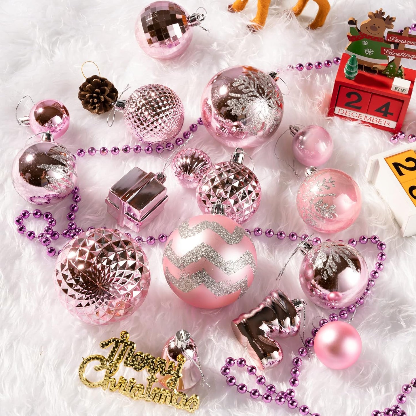 116Pcs Pink Christmas Ball Ornaments Set, Shatterproof Christmas Hanging Decoration Set with Gift Box, Assorted Decorative Baubles Set for Xmas Tree/Home/Wedding/Party/Holiday (Pink)