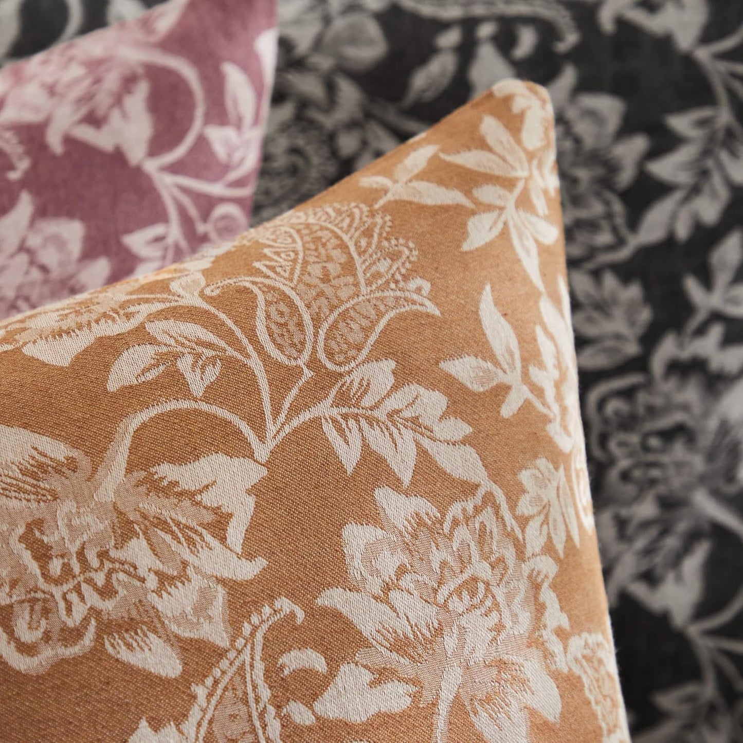 Floral Jacquard Throw Pillow Covers Set of 2, Background/Caramal 22x22 Inch, Farmhouse Decorative Cotton Caramal Cushion Covers for Sofa Bed Living Room Home Decor ﻿