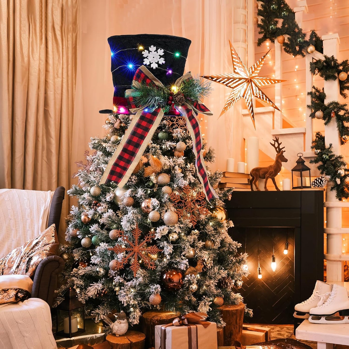 GENMOUS Christmas Hat Tree Topper, Buffalo Plaid Snowflake Christmas Tree Topper Bows with Light, Xmas Tree Top Ornament Home Decorations Ideal Gifts