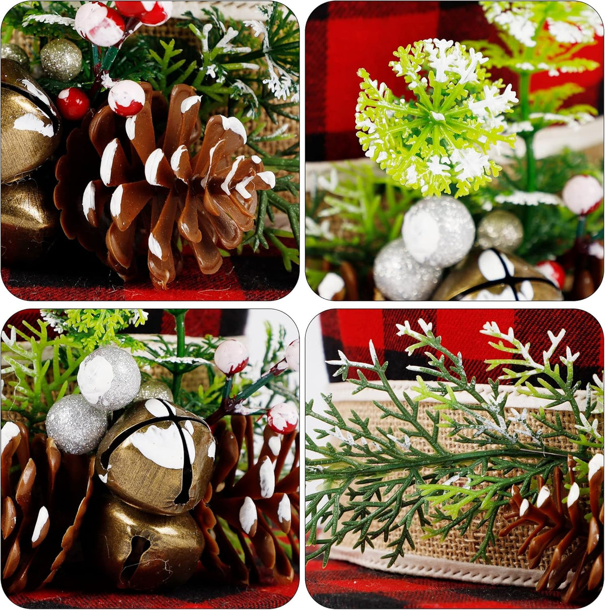 Prsildan Christmas Plaid Top Hat Tree Topper with Pine Cones, Berries, and Bells - Holiday Decor