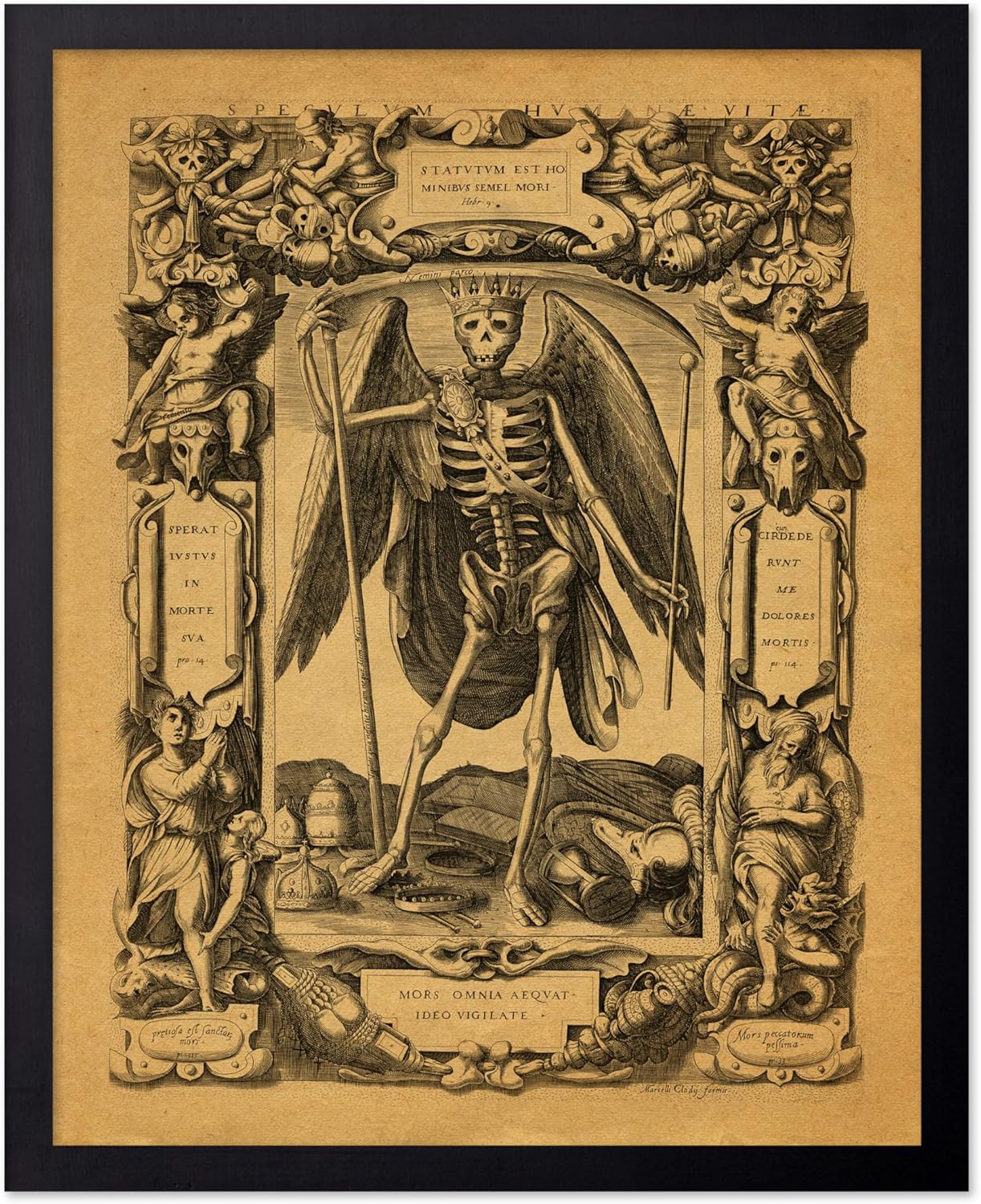 Poster Master Vintage Medieval Poster - Retro Gothic Print - Gift for Artist, Friend - Angel of Death, Memento Mori, Life, Skeleton, Dark - Wall Decor for Home, Living Room, 11x14 Black Framed
