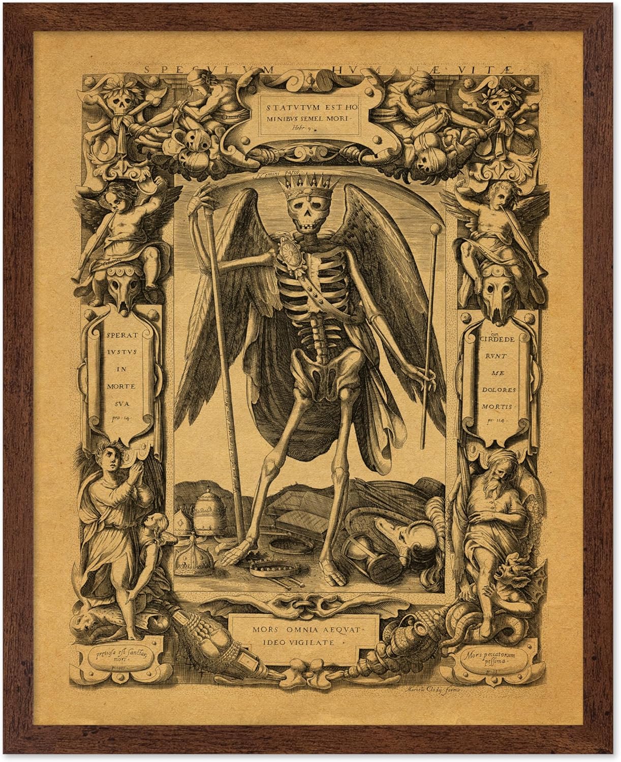 Poster Master Vintage Medieval Poster - Retro Gothic Print - Gift for Artist, Friend - Angel of Death, Memento Mori, Life, Skeleton, Dark - Wall Decor for Home, Living Room, 16x20 Brown Framed