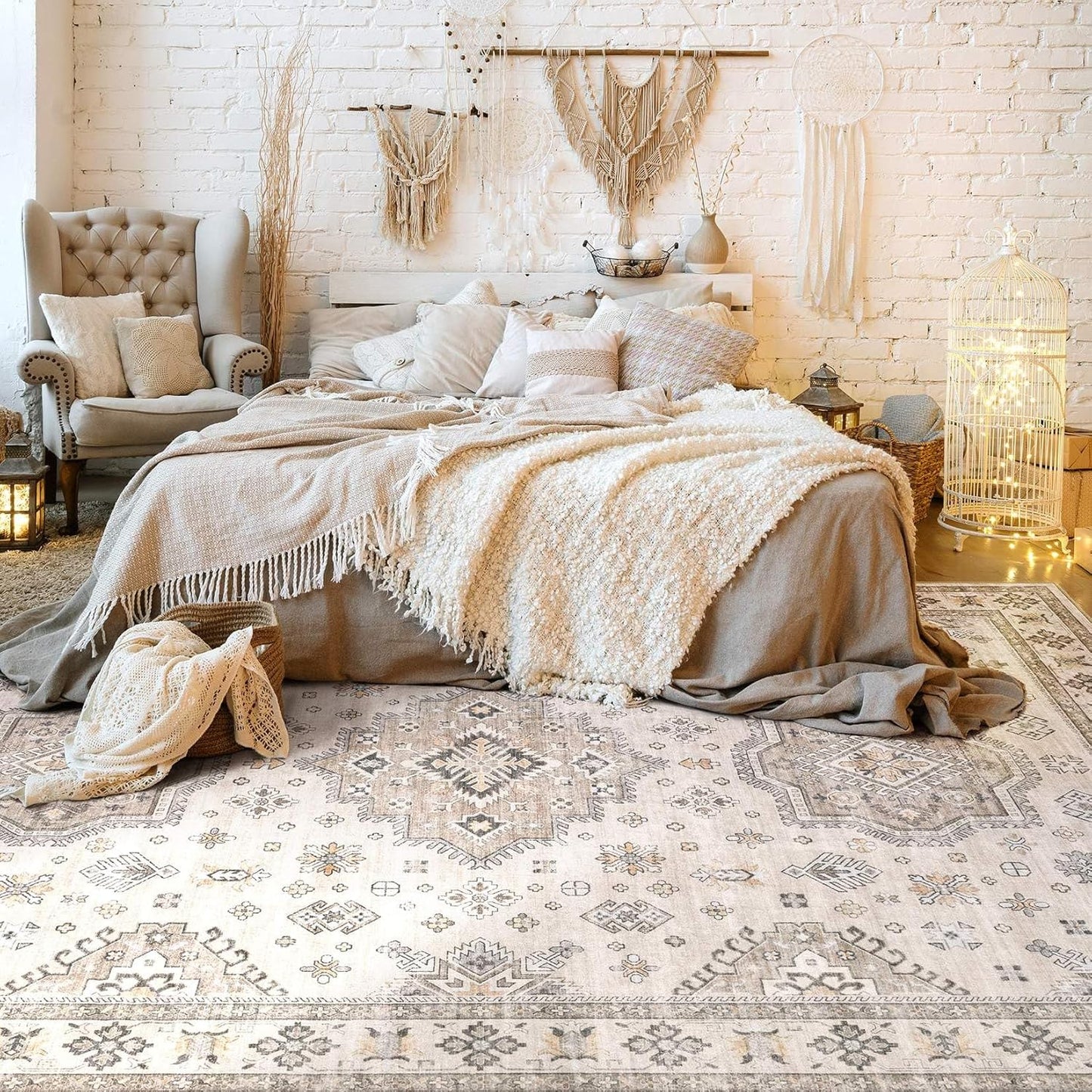 Washable Area Rugs for Living Room - 7x9 Neutral Vintage Distressed Floral Farmhouse Boho Large Soft Floor Rug Indoor Non Slip Carpet for Living Room Bedroom Dining Room Office - Beige Brown