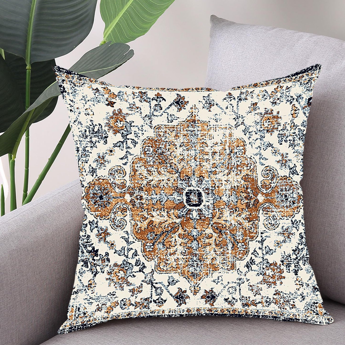 Outdoor Waterproof Pillow Covers - 18x18 Inch Set of 2 Bohemian Vintage Carpet Pattern Pillow Covers with Gold Blue Ethnic Design for Decorative Farmhouse Couch, Garden, Balcony