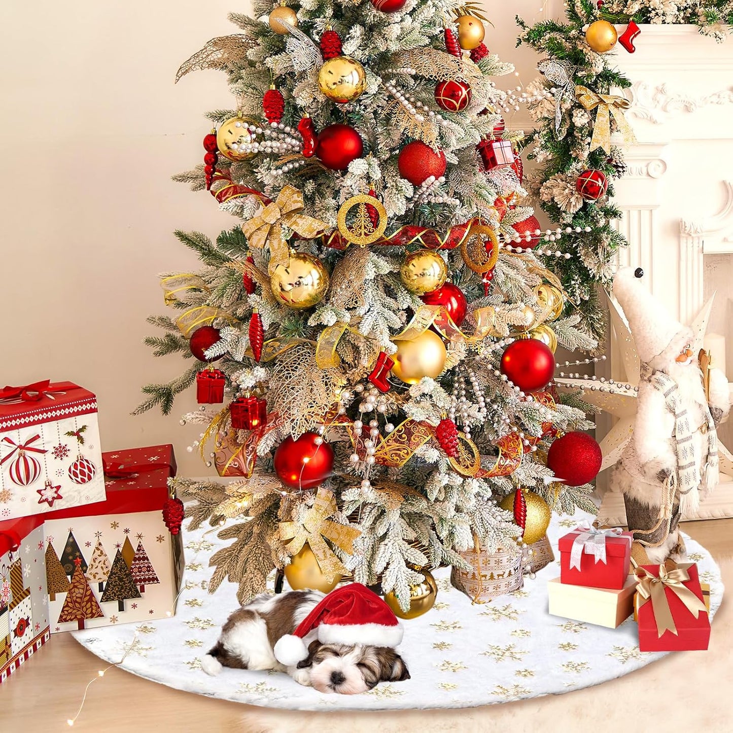 Christmas Tree Skirt 48Inch, Holiday Part Decorations for Christmas Tree, Whit Plush Glod Sequin Snowflake Tree Shirt for Xmas