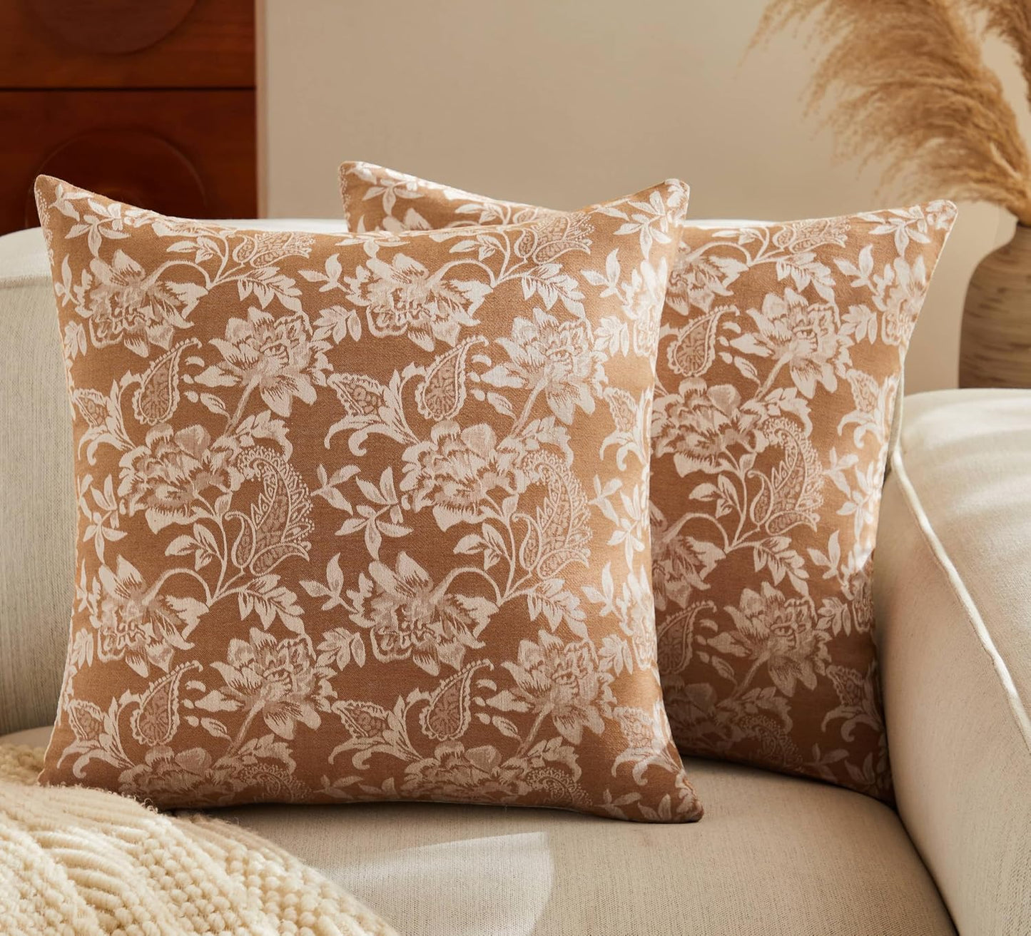 Floral Jacquard Throw Pillow Covers Set of 2, Background/Caramal 22x22 Inch, Farmhouse Decorative Cotton Caramal Cushion Covers for Sofa Bed Living Room Home Decor ﻿
