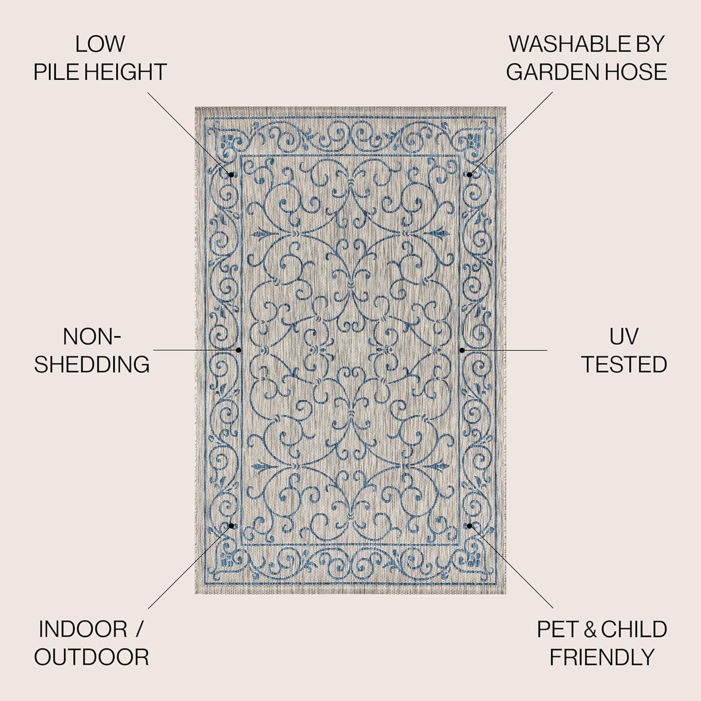 JONATHAN Y Vintage Filigree Indoor Outdoor Square Area Rug 6X6 Gray/Navy, Charleston Textured Weave for Backyard, Patio, Porch, Easy-Cleaning, High Traffic, Pet-Friendly, Non-Shedding (SMB106C-6SQ)