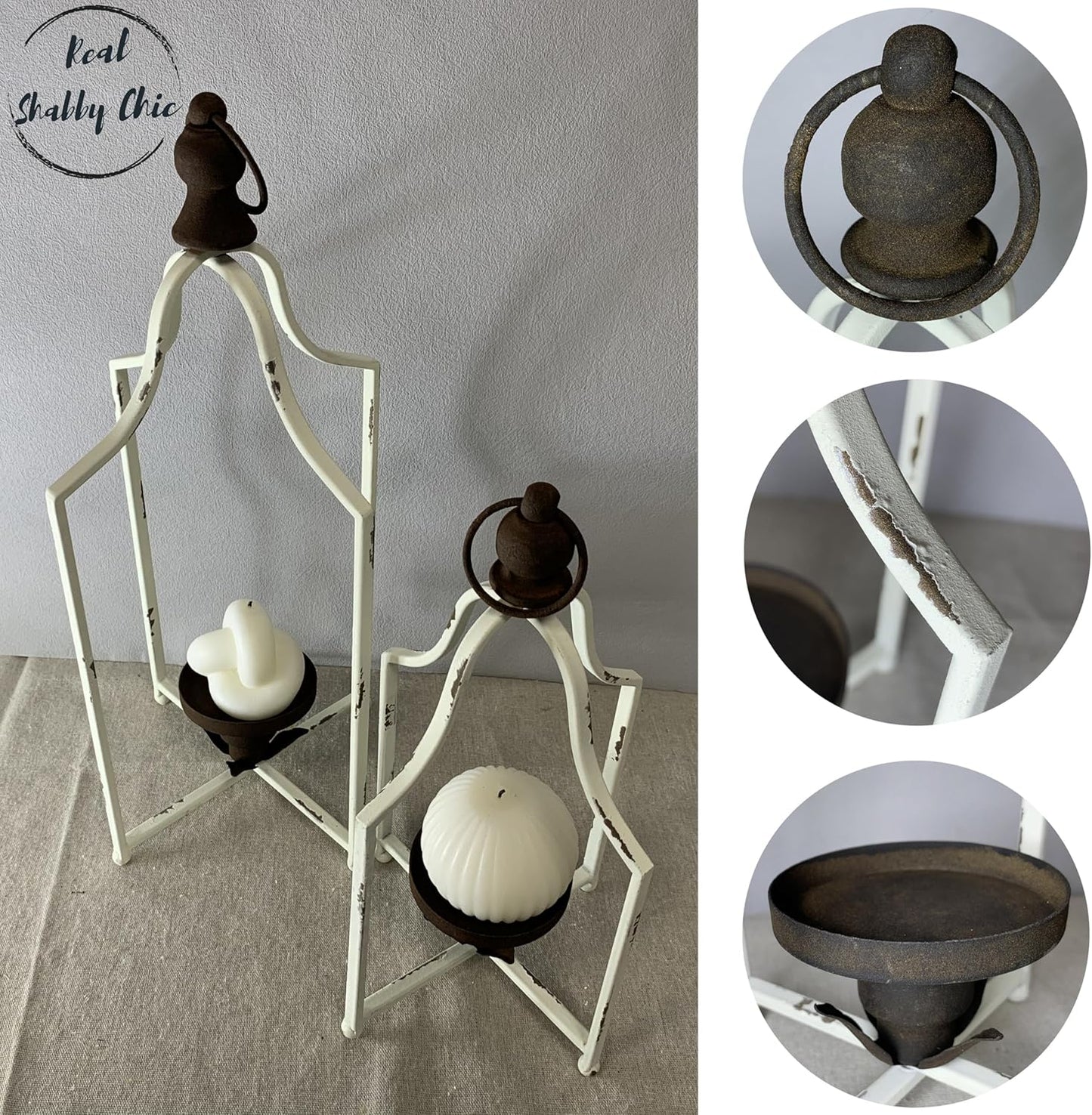 Large Tall Shabby Chic Lanterns Decorative Indoor Outdoor, Outside Gifts Front Porch Patio Vintage Metal Candle Holders, Fireplace Table Floor Farmhouse Rustic Decor Set of 2