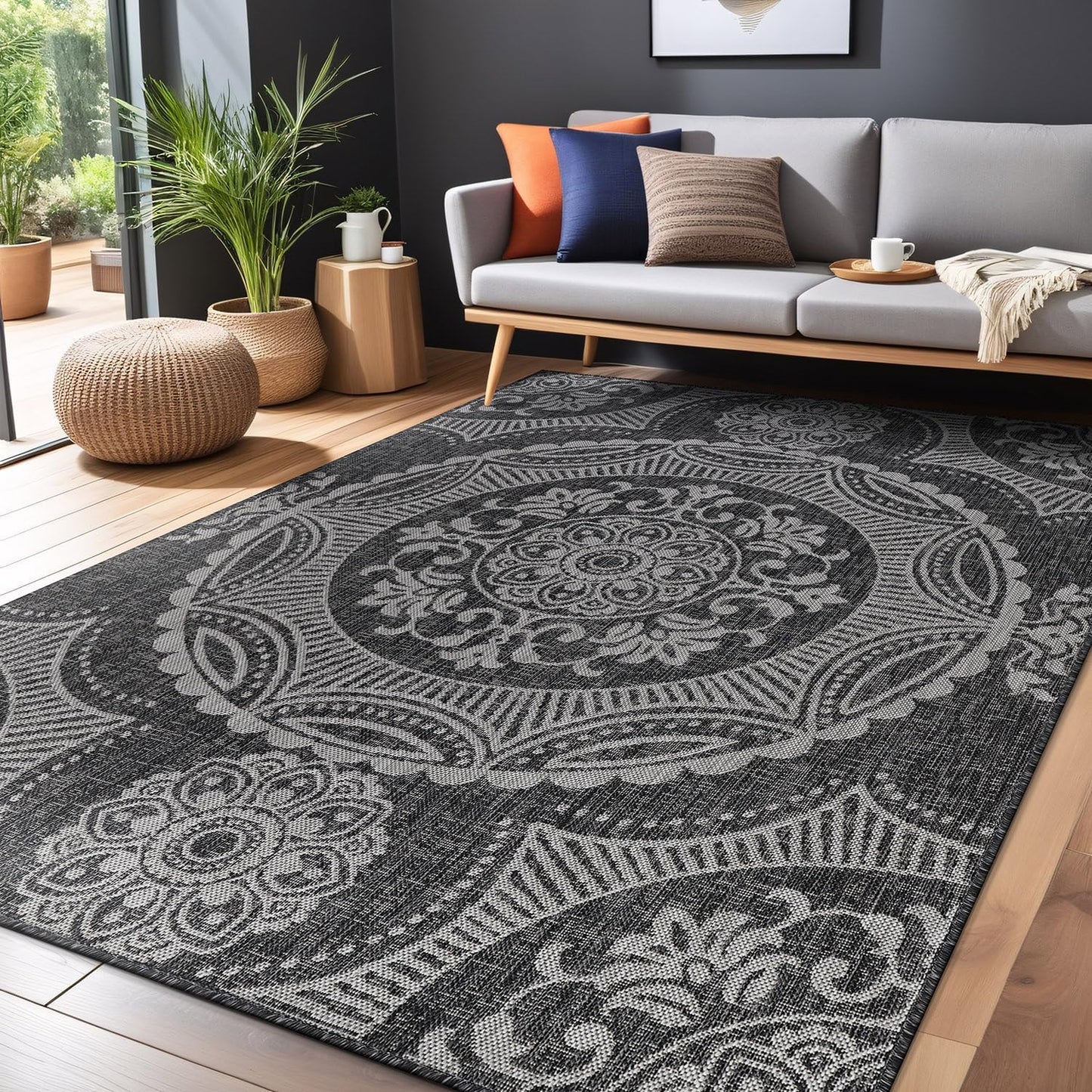 Medallion Outdoor Rug 6x9 Washable Outside Carpet for Indoor Patio Porch Waterproof Easy Cleaning Non Shedding Area Rugs Dark Gray 6 x 9