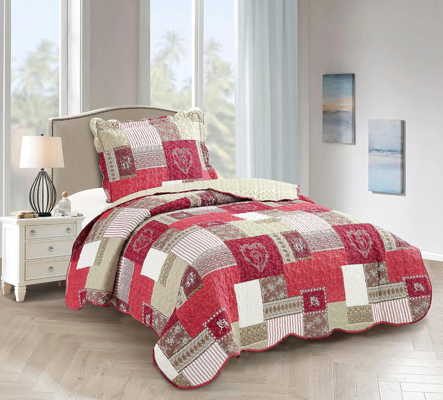 Brilliant Sunshine Burgundy Heart Love, Floral and Lace Patchwork, 2-Piece Quilt Set with 1 Sham, Reversible Bedspread, Soft Lightweight Coverlet, All-Season, Twin, Burgundy