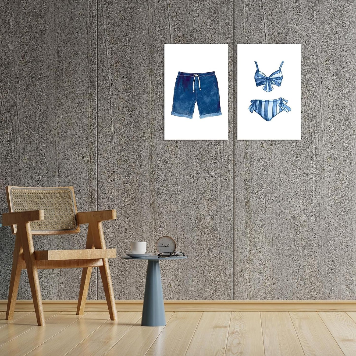 Liyark Set of 2 Retro Navy Blue And White Swimsuit Art Posters Beach Bathing Suit Prints Painting Beach House Wall Art Coastal Wall Decor Pictures For Bathroom Home Decoration 16x24in Framed