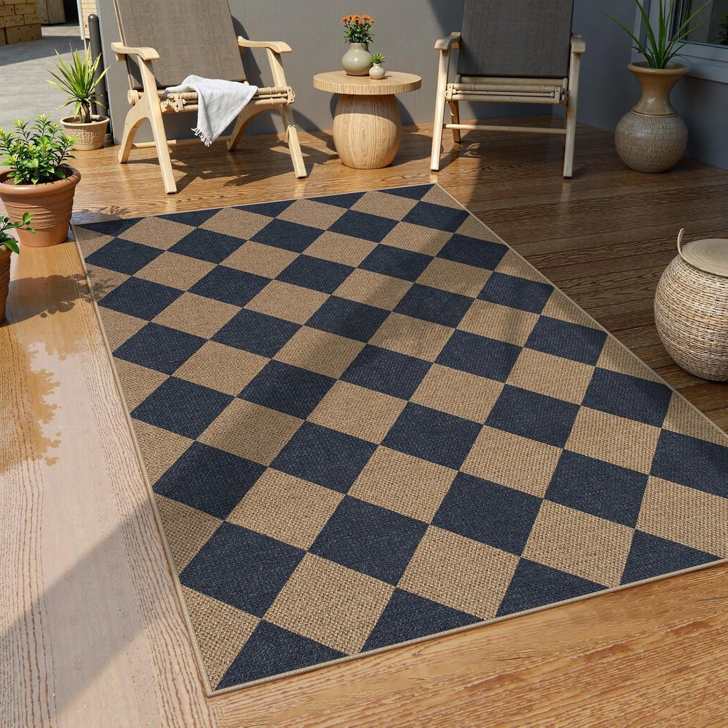 Lahome Checkered Easy Jute Entryway Rug, 3x5 Washable Area Rugs for Living Room Outdoor Patio, Non Slip Blue Indoor Door Mat Checkerboard Throw Carpet for Entry Front Door Guestroom Deck