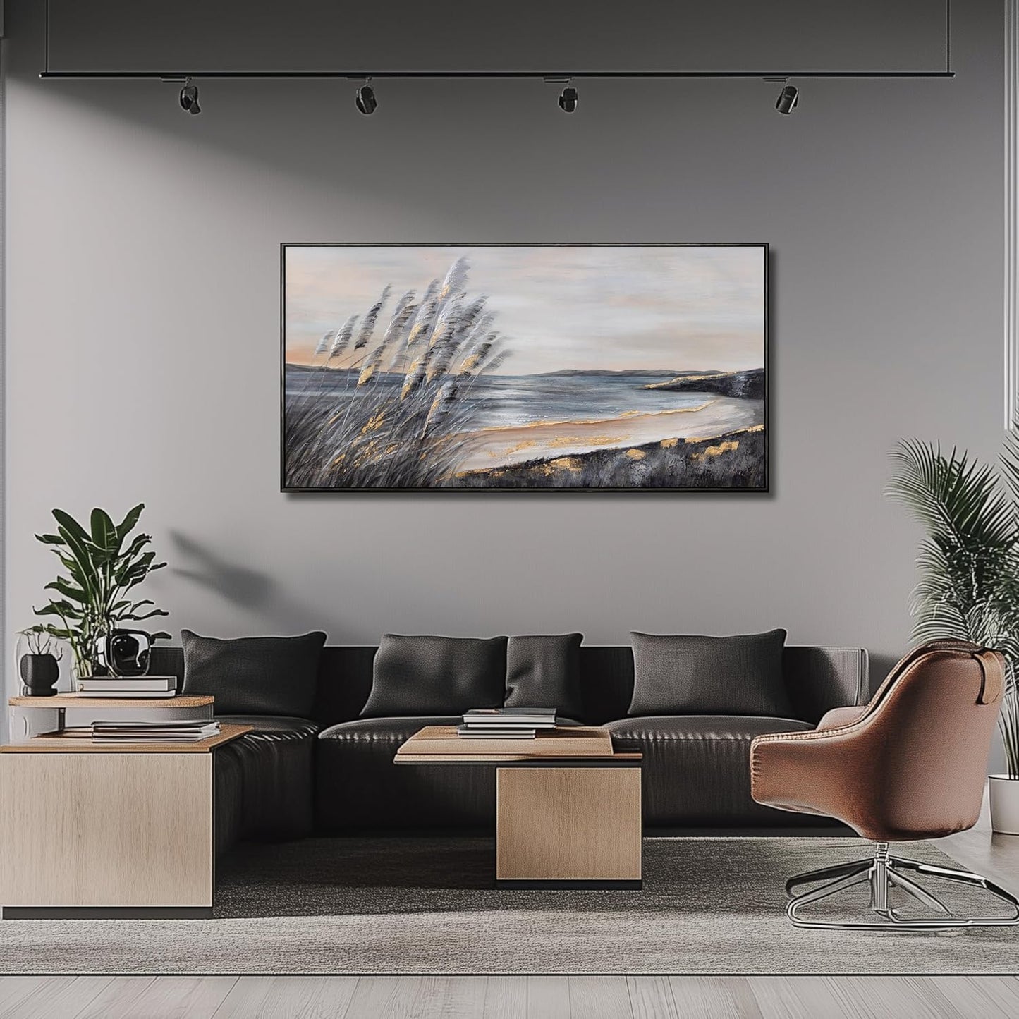 Yuaxker Ocean Wall Art Grey and Black Wall Decor Framed art Aesthetic Coastal Canvas Painting for Living Room Bedroom Dining Room Office Home Decor 24x48 Inch