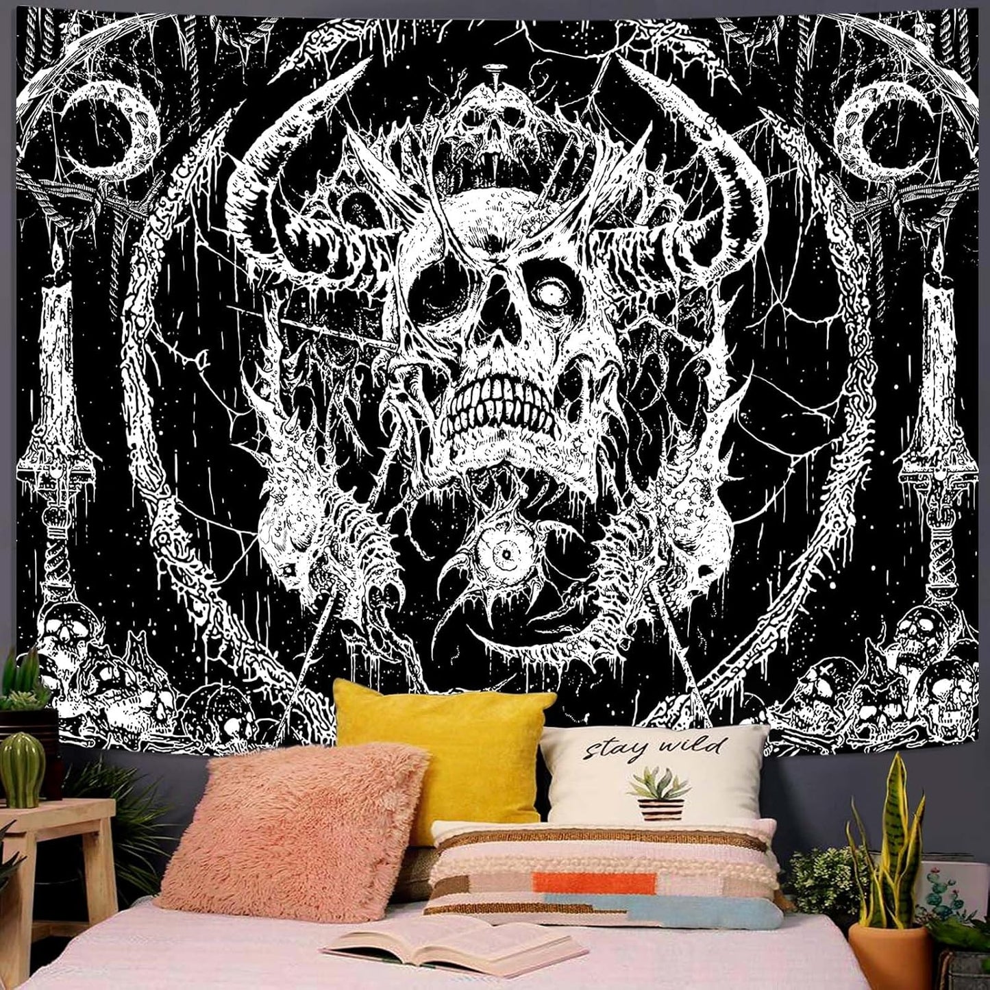 Lifeella Skull Tapestry, Gothic Horror Moon Skeleton Mystic Dark Tapestries for Bedroom Grunge Wall Hanging Black and White 44 x 60 inch