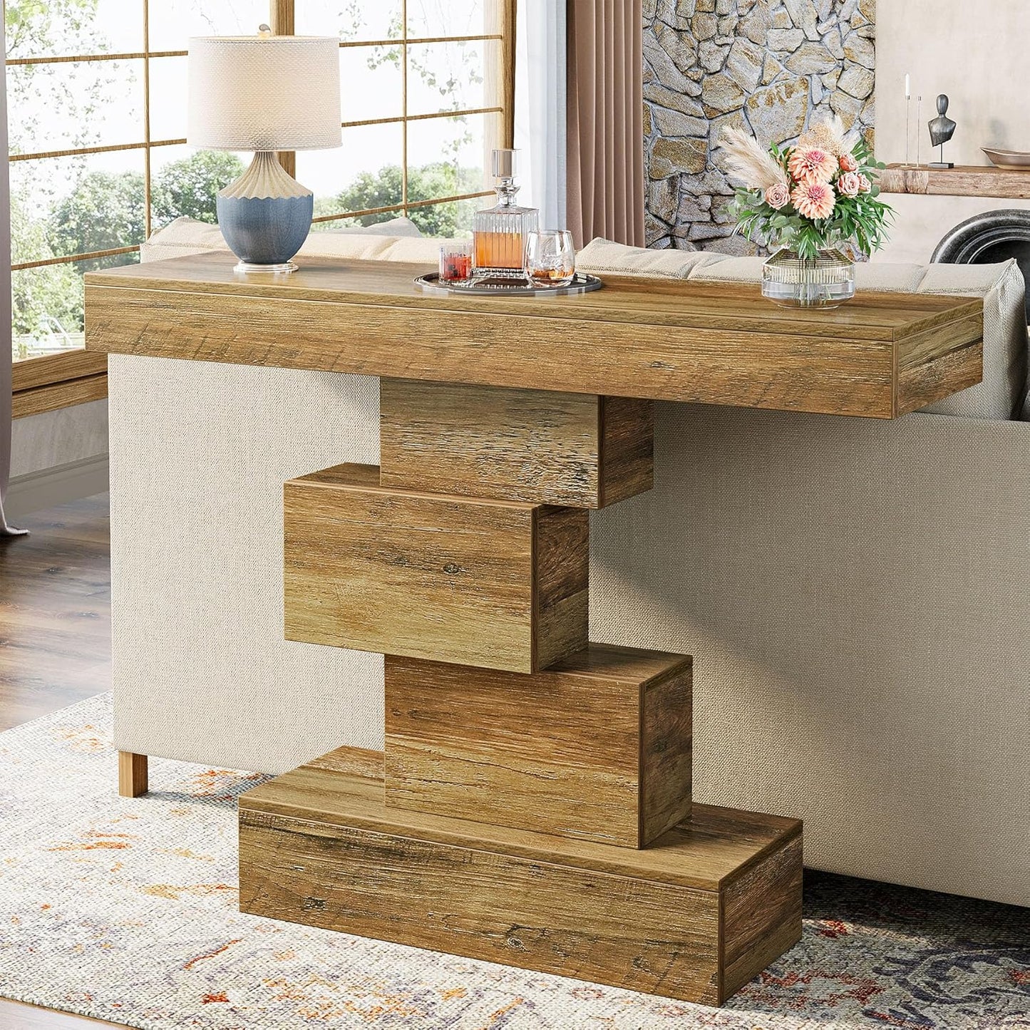 Tribesigns 42.5" Farmhouse Console Table, Narrow Wood Sofa Table Behind Couch with Geometric Base, Industrial Entryway Accent Table for Living Room, Hallway, Entrance (Light Brown)