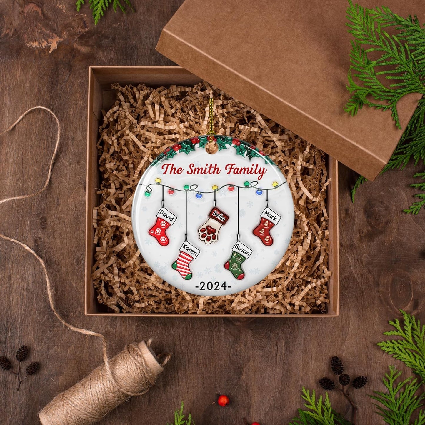 Stocking Personalized Family Christmas Ceramic Ornament 2025-3D Inflated Effect Custom Name Hanging Stock up to 10 Members, First Xmas as A Family Ornament Gifts (A04, 7 Names)