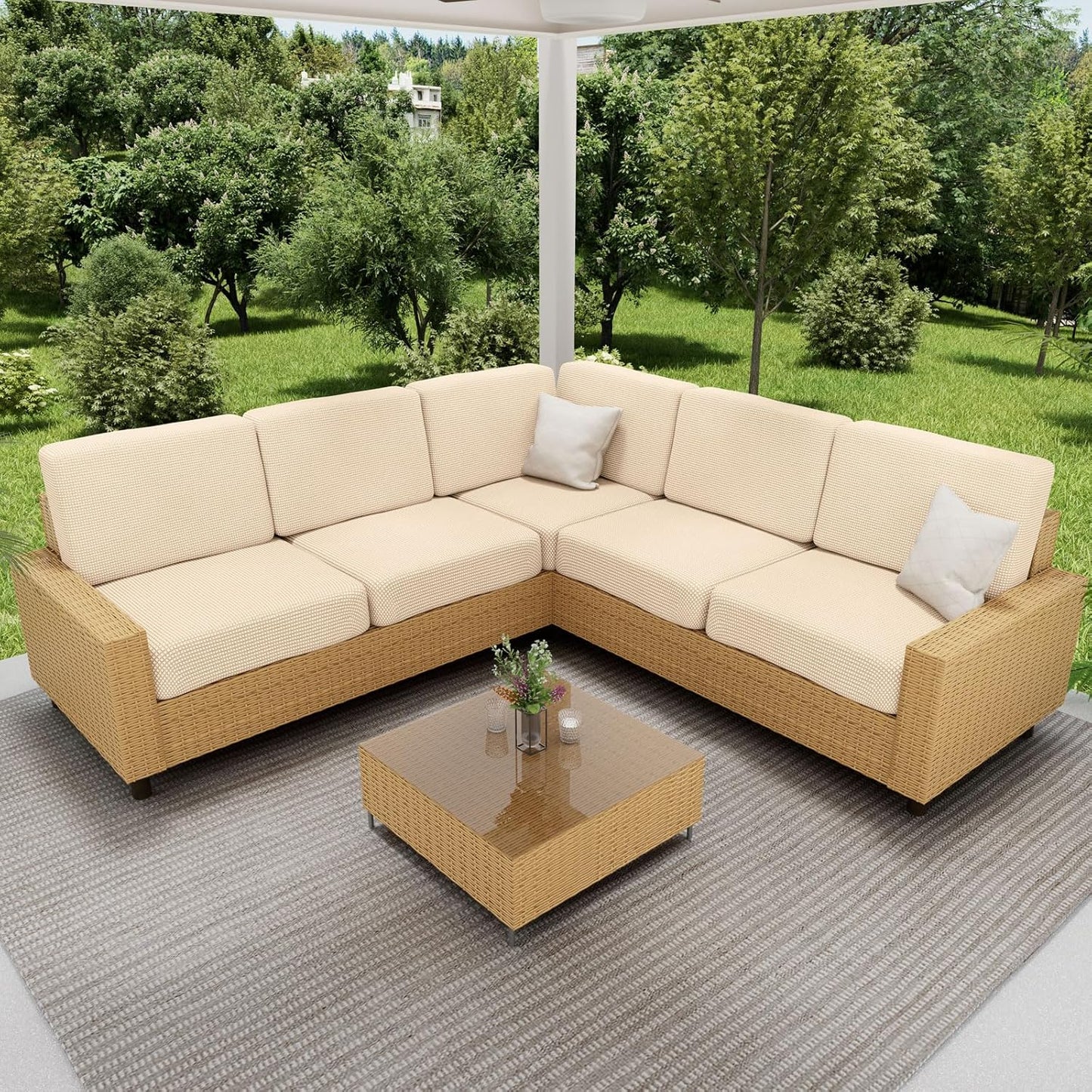 hyha Waterproof Sectional Couch Covers, Non Slip Sofa Couch Cushion Covers L Shape, Thick Stretch Jacquard Fabric, Washable Sofa Slipcovers with Elastic Bottom (1 Piece for Chaise XL, Beige)