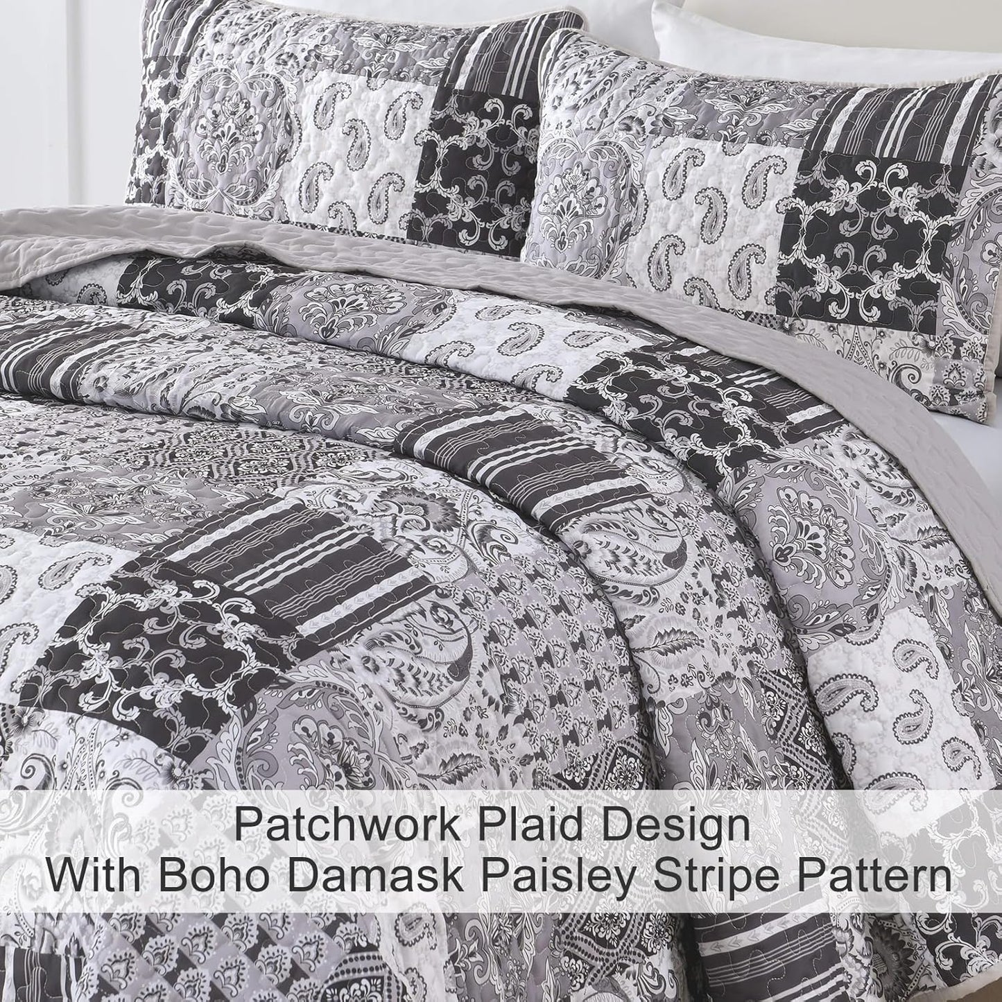 WONGS BEDDING Grey Quilt Set Queen Size, Patchwork Plaid Bedspread Bedding Sets Soft Microfiber Boho Quilts for Queen Bed 3 Pieces Coverlet Set for All Season (96"x90")