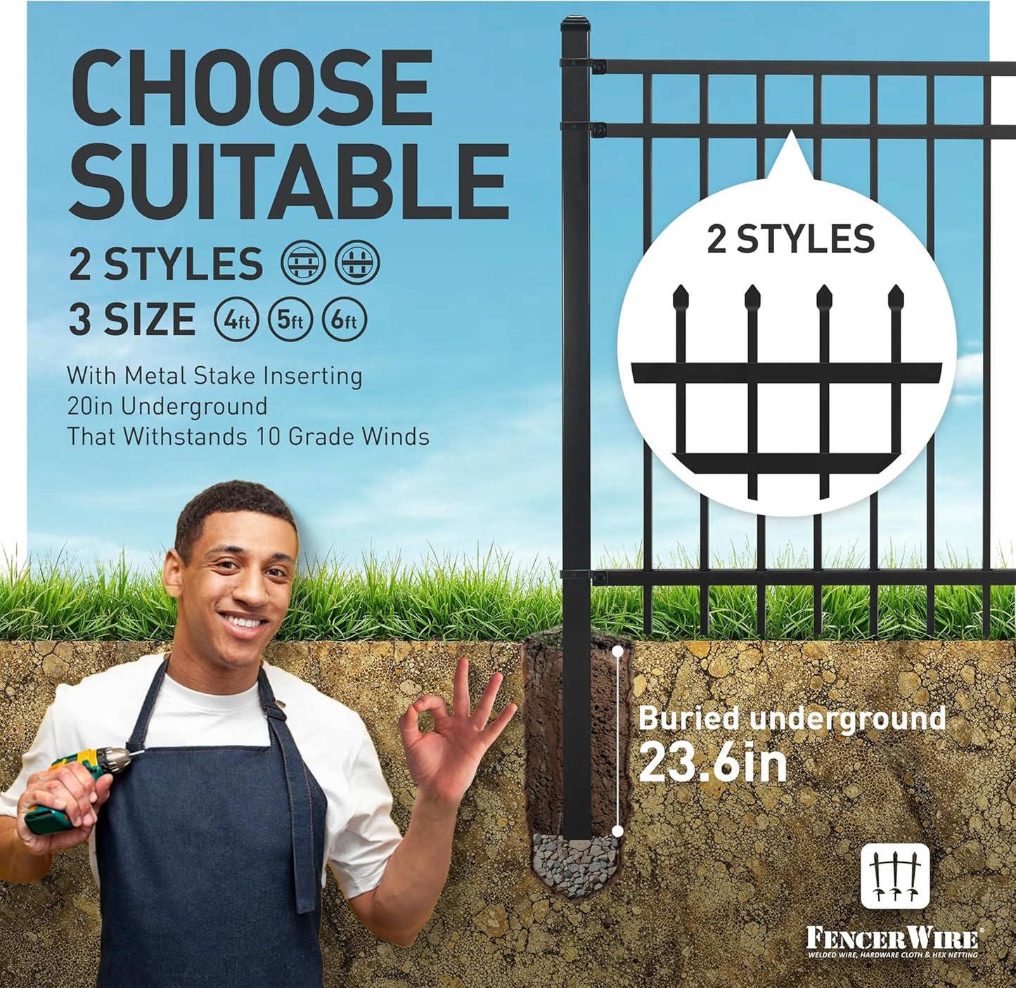 Fencer Wire 100FT Heavy Duty Flat Top Fence Barrier Kit, Anti-Rust Metal Steel Fence with 6FT Height X 8FT Width Panels, Gate, Posts, Connectors, 2” Diameter Outdoor Fencing for Yard, Pool, Patio