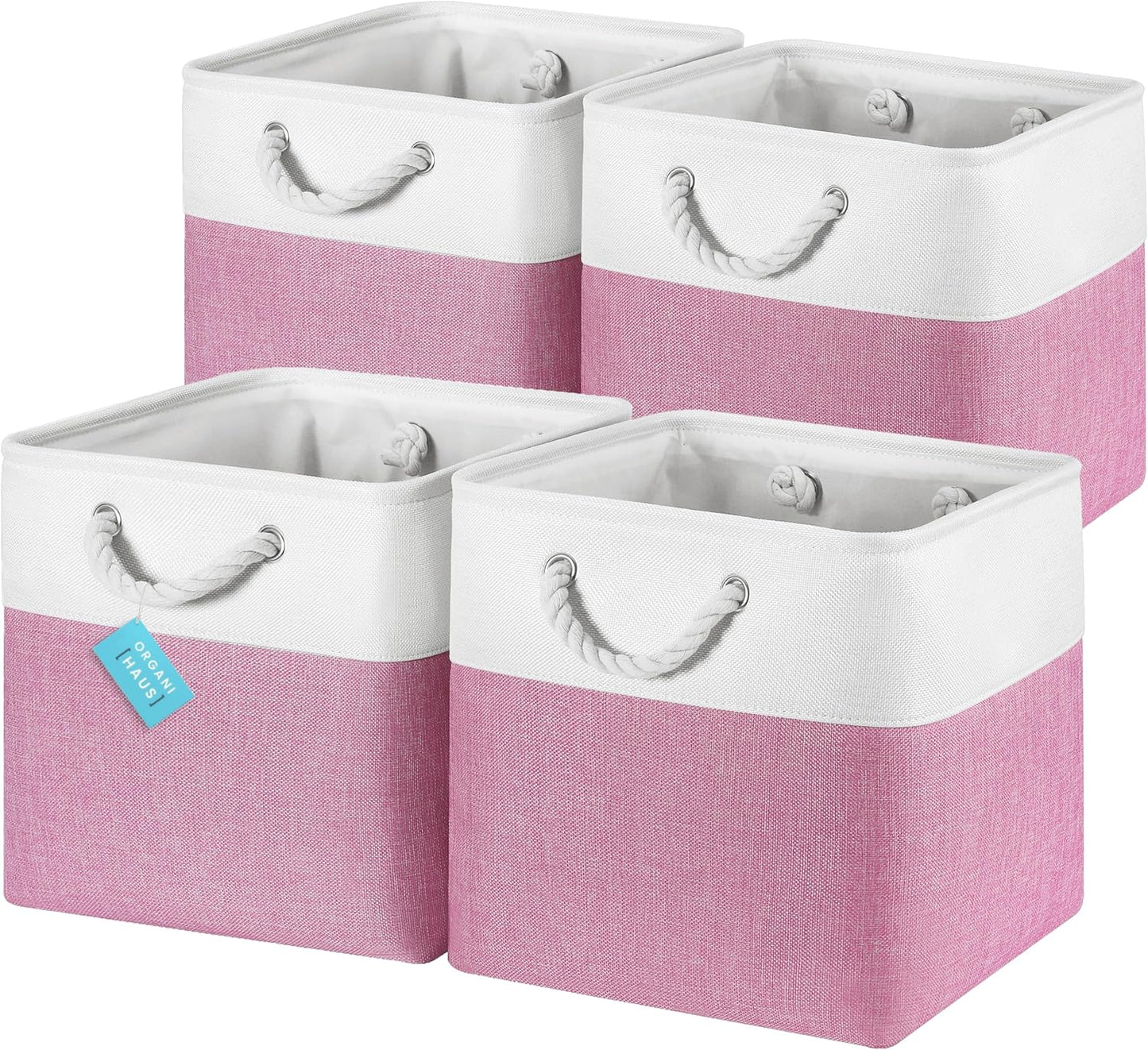 OrganiHaus 13x13 Cube Storage Bins 4 Pack, Foldable Cube Storage Organizer w/ Rope Handles, Collapsible Fabric Bins for Toys, Clothes & Closet Organization, Fabric Square Baskets - Pink/White