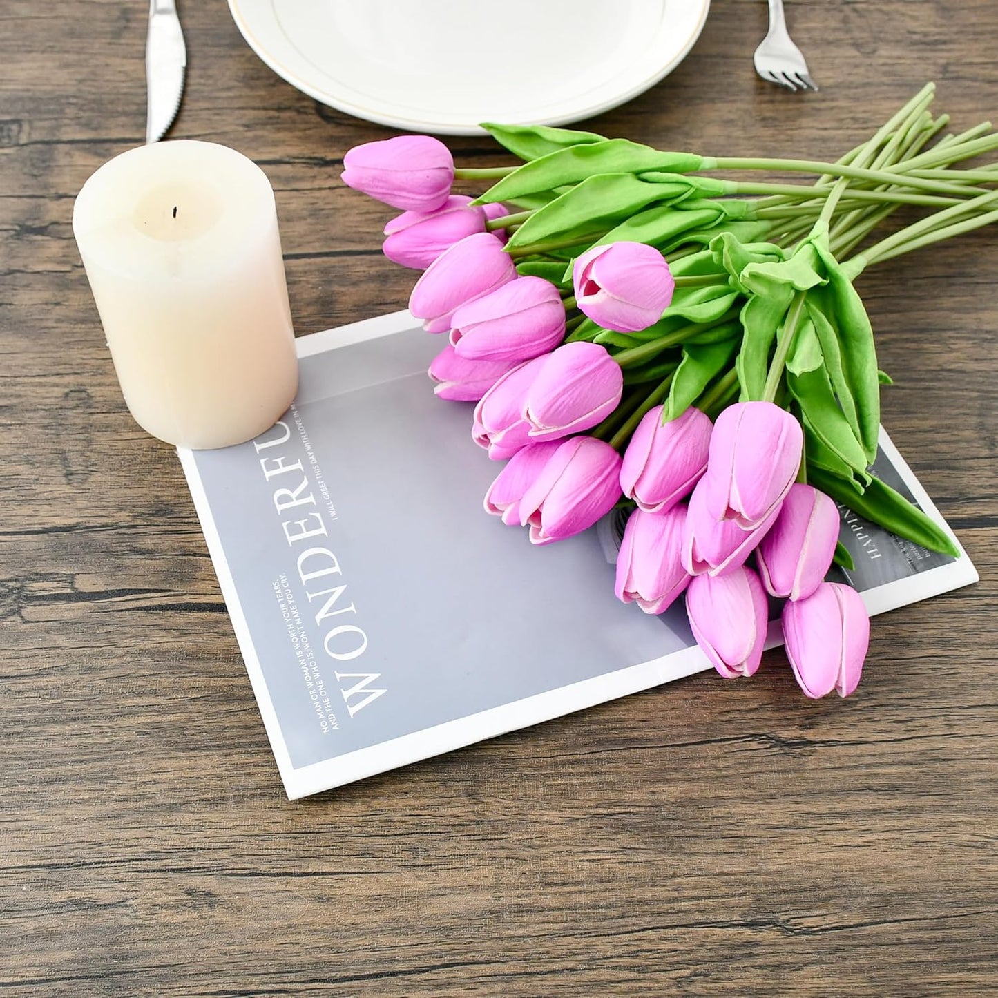 Mandy's Artificial Tulips 20 Stems Lavender PU Faux Flowers for Wedding Home Decor 13.5 Inch