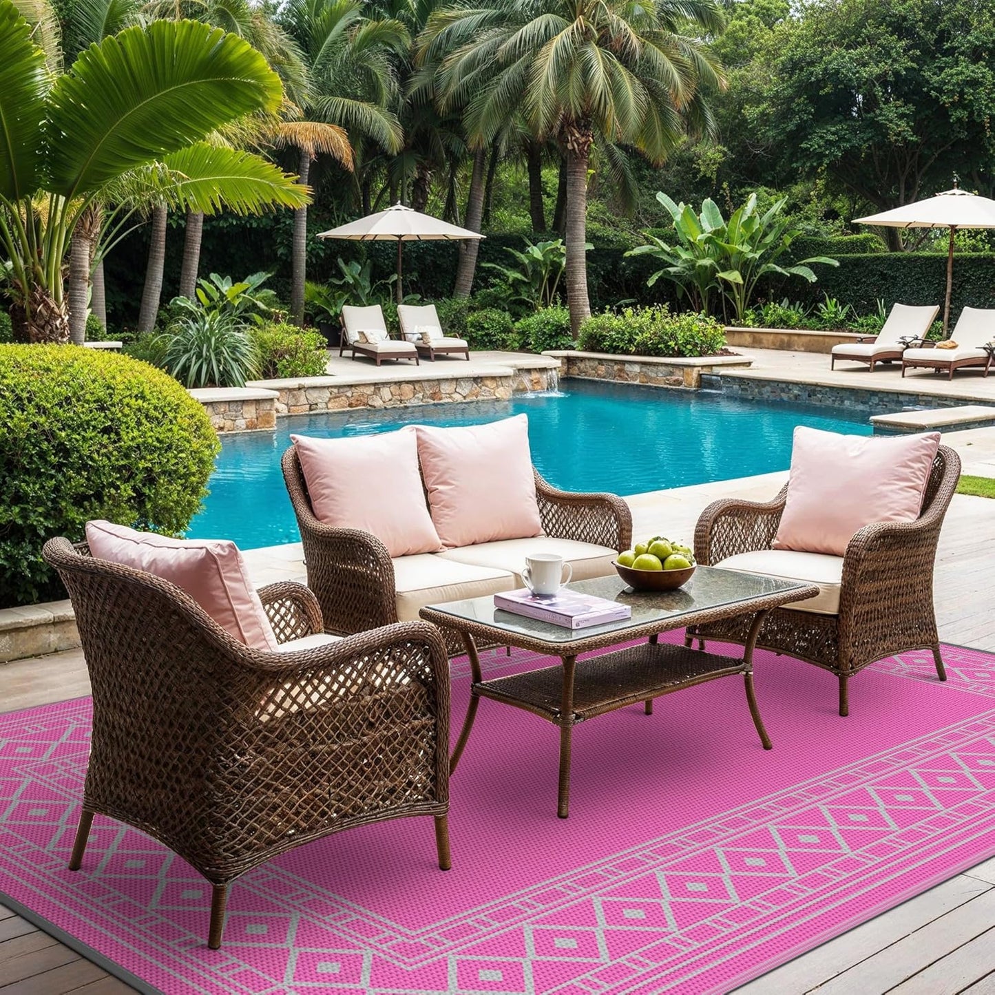 GENIMO Outdoor Rug Waterproof 6'x9' for Patio, Foldable Reversible Plastic Straw Carpet for Travel Trailers, Outside Area Mat for Rv, Deck, Picnic, Porch, Camper, Balcony, Beach, Pink & Grey