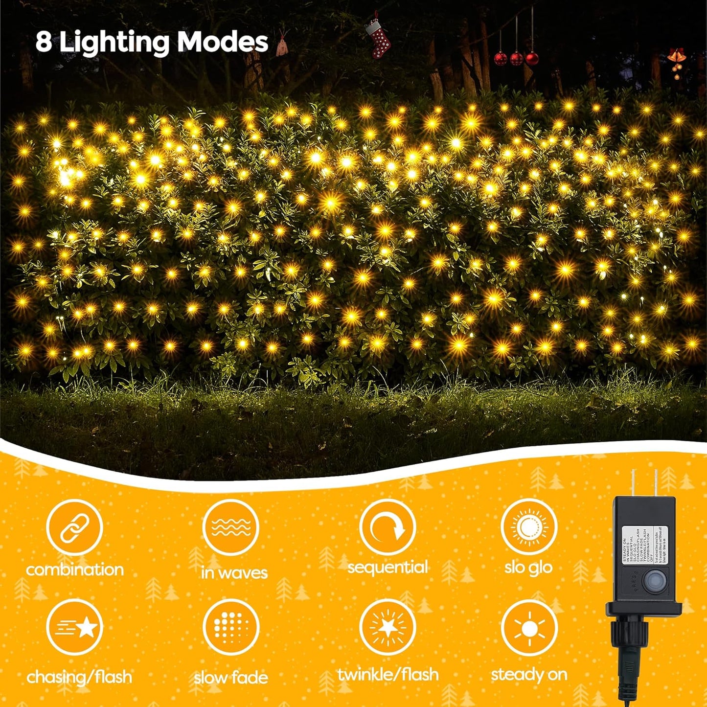 WBao Outdoor Christmas Lights, 360LED 11.5ft x 6.9ft Net Lights with 8 Modes, Timer, UL Certified, End to End Connectable, Waterproof for Lawn, Bushes, Trees Outdoor Christmas Decorations, Warm White