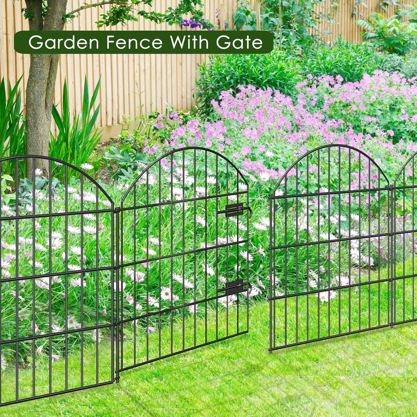 Metal Garden Fence with Gate 28in (H) x 37.3ft (L), 1 Gate + 15 Panels Dog Fences Border Fence Animal Barrier, No Dig Garden Fencing for Yard Backyard Landscape, ECG2816G Black