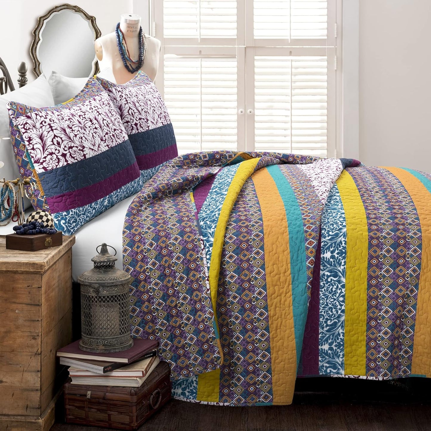 Lush Decor Boho Stripe Reversible Cotton Quilt 3-Piece Set, King, Plum & Yellow - Bold Colorful Bohemian Bedding Set