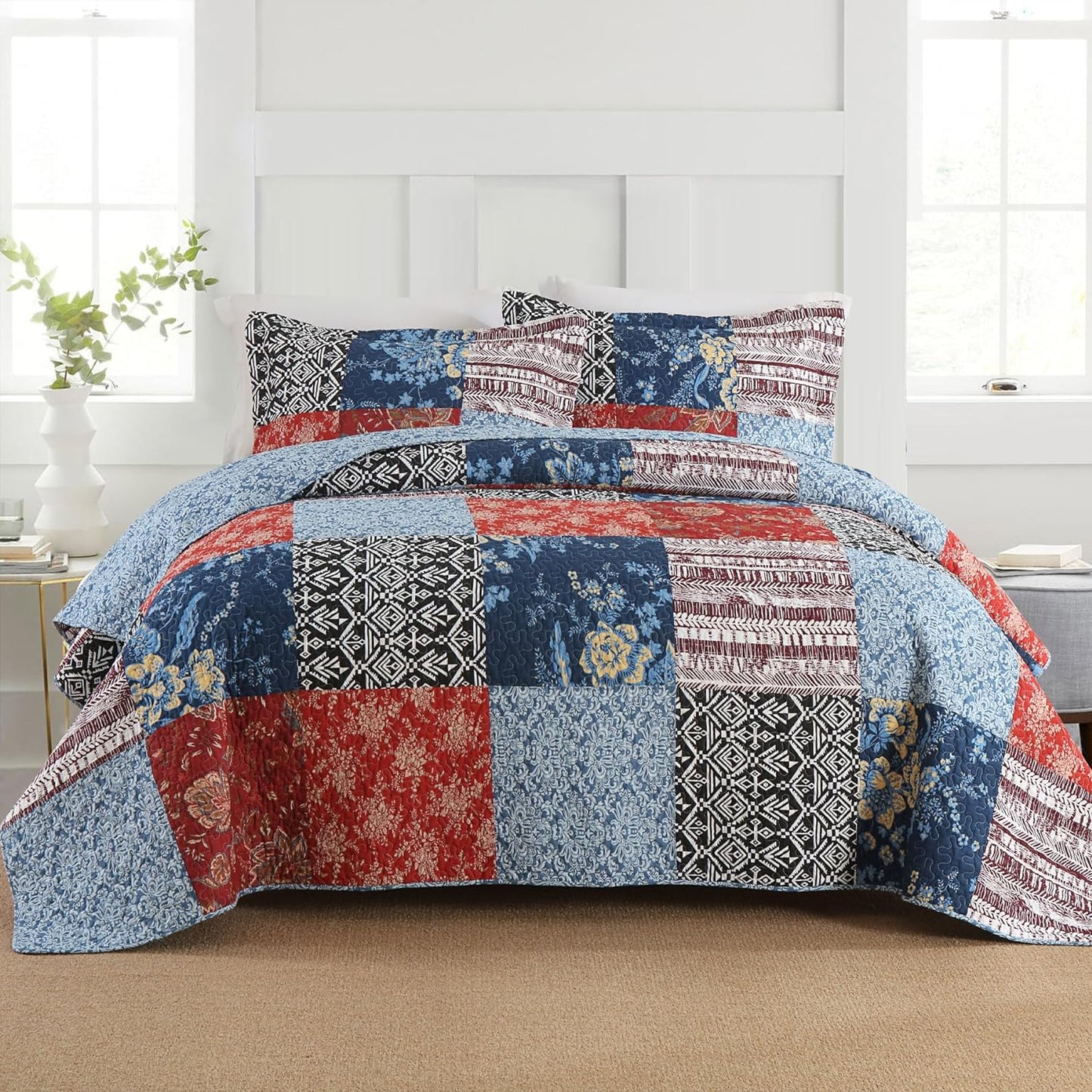 Secgo Twin Comforter Set for Bed - 100% Cotton Quilts Twin Size, Black Bedspreads (68 * 86 Inch) with 2 Pillow Shams, Patchwork Reversible Lightweight Bedding