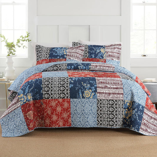 Secgo King Comforter Set for Bed - 100% Cotton Quilts Queen Size, Black Bedspreads (98 * 106 Inch) with 2 Pillow Shams, Patchwork Reversible Lightweight Bedding