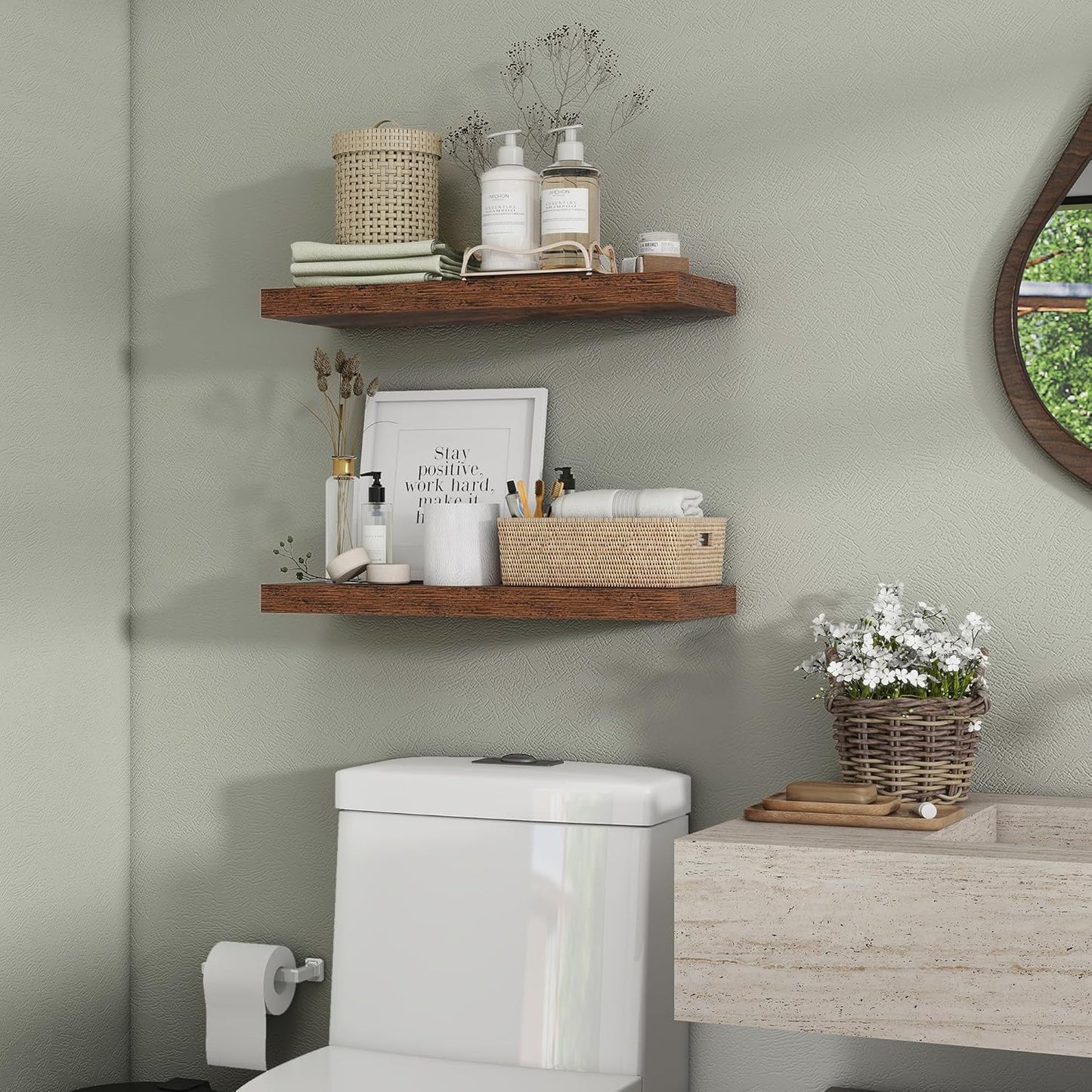 Heimlove 24 inch Floating Shelves for Wall,9.3 inch deep Brown Bathroom Over Toilet Shelf,Wall Mounted Rustic Wood Shelves for,Bedroom,Living Room,Kitchen,Office Decor Set of 2-Brown