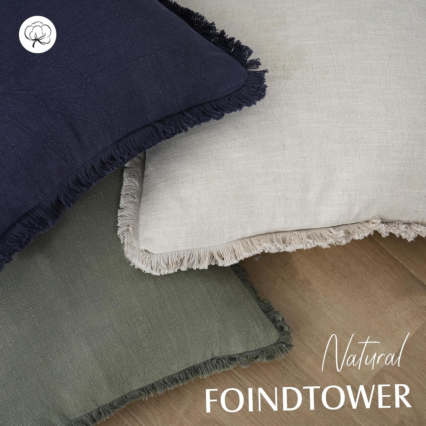 Foindtower Set of 2 Decorative Linen Fringe Throw Pillow Covers Cozy Boho Farmhouse Cushion Cover with Tassels Soft Accent Pillowcase for Couch Sofa Bed Living Room Home Decor, 16×16 Inch, Beige