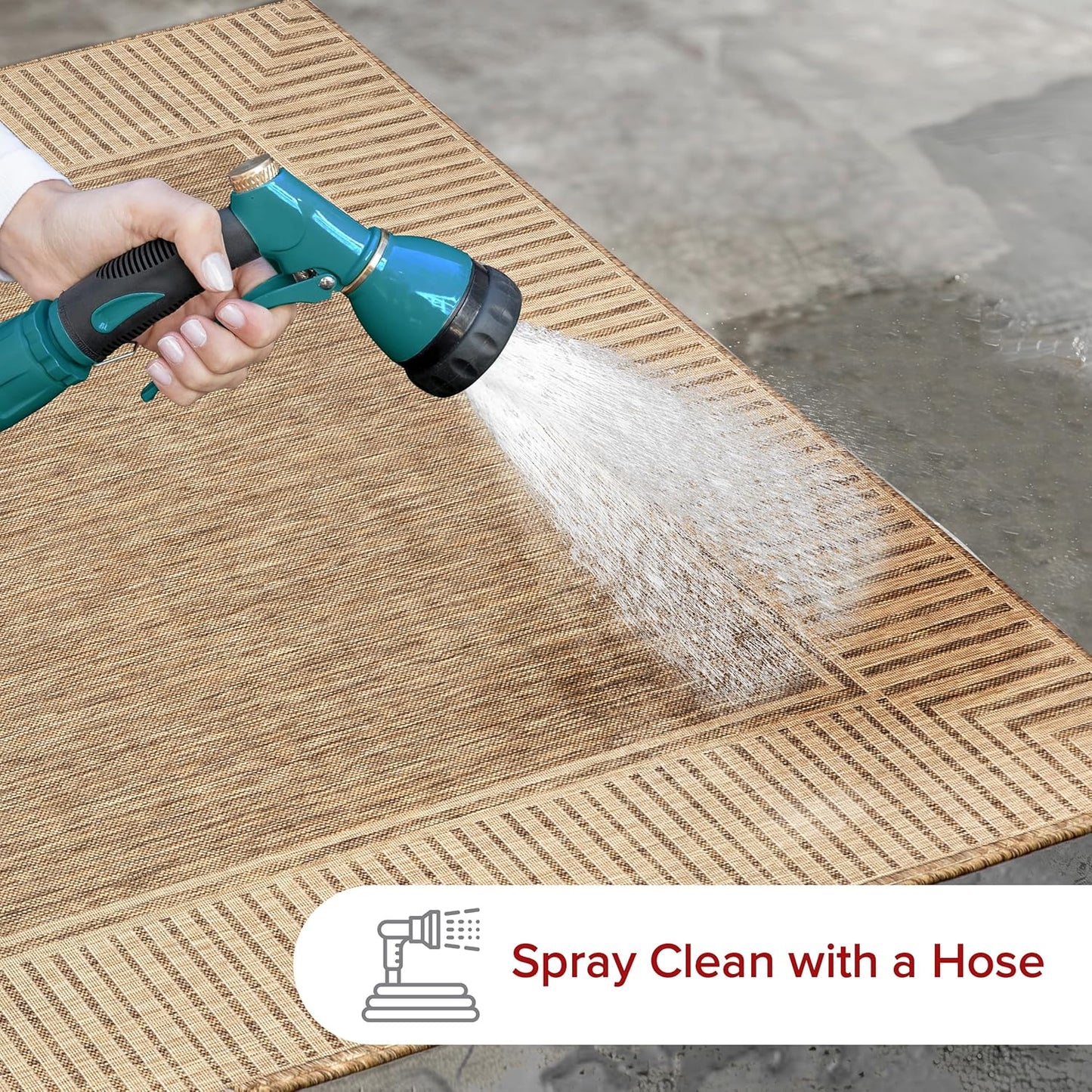 nuLOOM 8' x 10' Outdoor Area Rug, Casual Design With Striped Border, Stain Resistant, Highly Durable, For Patio, Balcony, Bedroom, Living Room, Dining Room, Bathroom, Light Brown