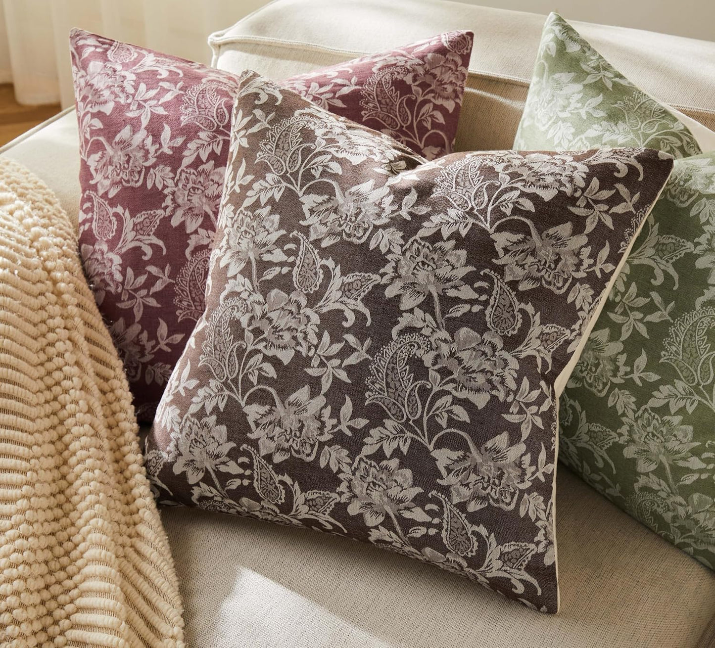 Floral Jacquard Throw Pillow Covers Set of 2, Background/Chocolate 22x22 Inch, Farmhouse Decorative Cotton Dark Brown Cushion Covers for Sofa Bed Living Room Home Decor