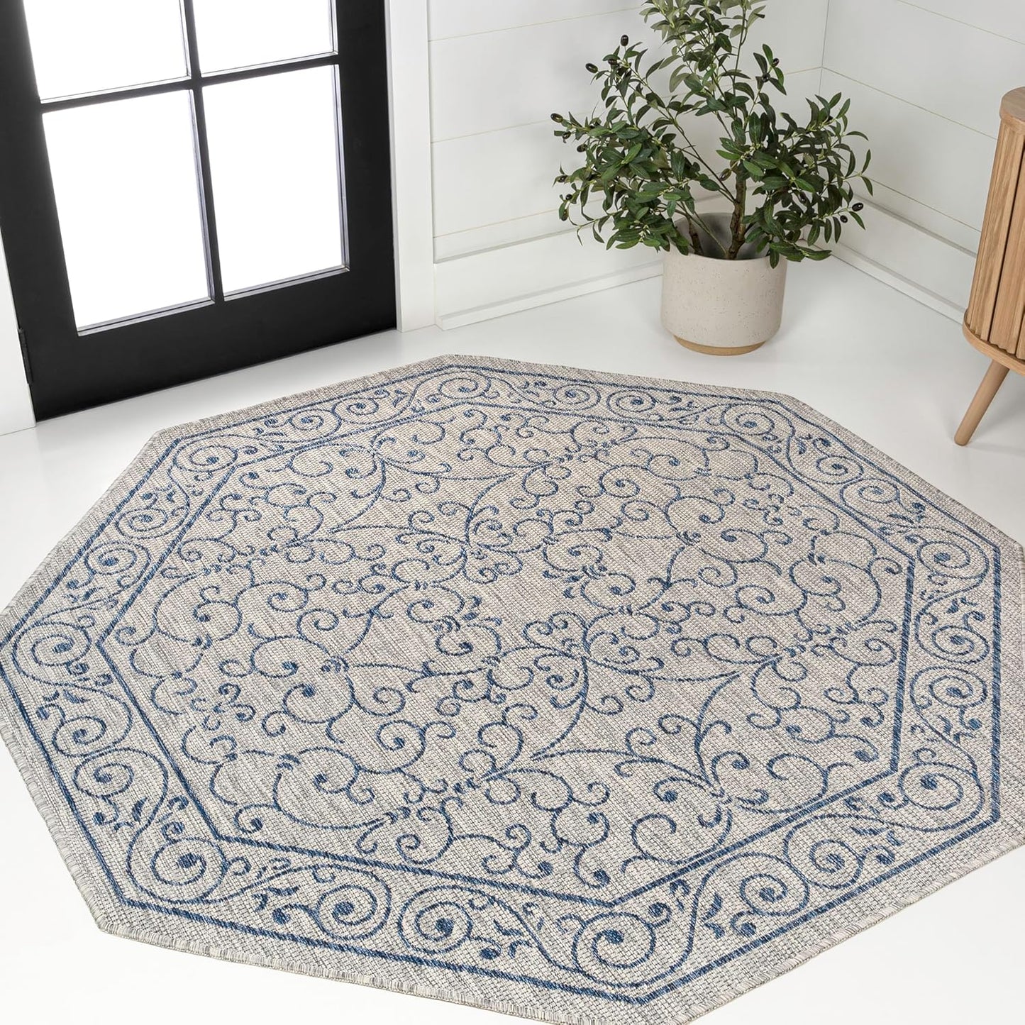 JONATHAN Y Vintage Filigree Indoor Outdoor Octagon Area Rug 8 Ft Gray/Navy, Charleston Textured Weave for Backyard, Patio, Porch, Easy-Cleaning, High Traffic, Pet-Friendly, Non-Shedding SMB106C-8TGN