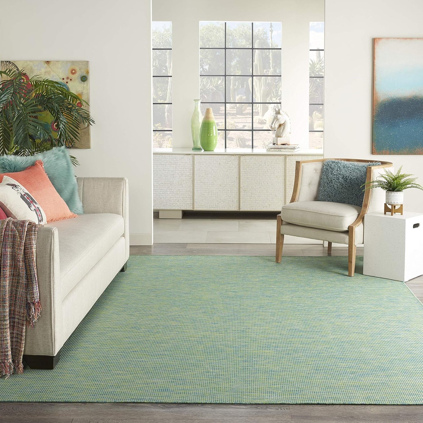 Nourison Positano Indoor/Outdoor Blue/Green 8' x Round Area Rug, Easy Cleaning, Non Shedding, Bed Room, Living Room, Dining Room, Backyard, Deck, Patio (8 Round)